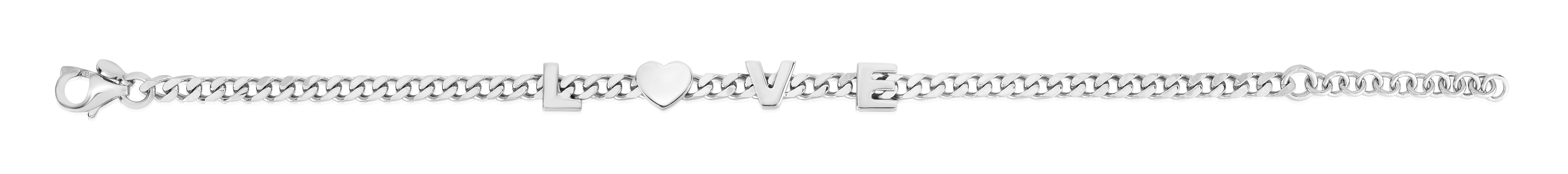 Sterling Silver Polished 8" Love Chain Bracelet with Lobster Clasp, and 1" extender.