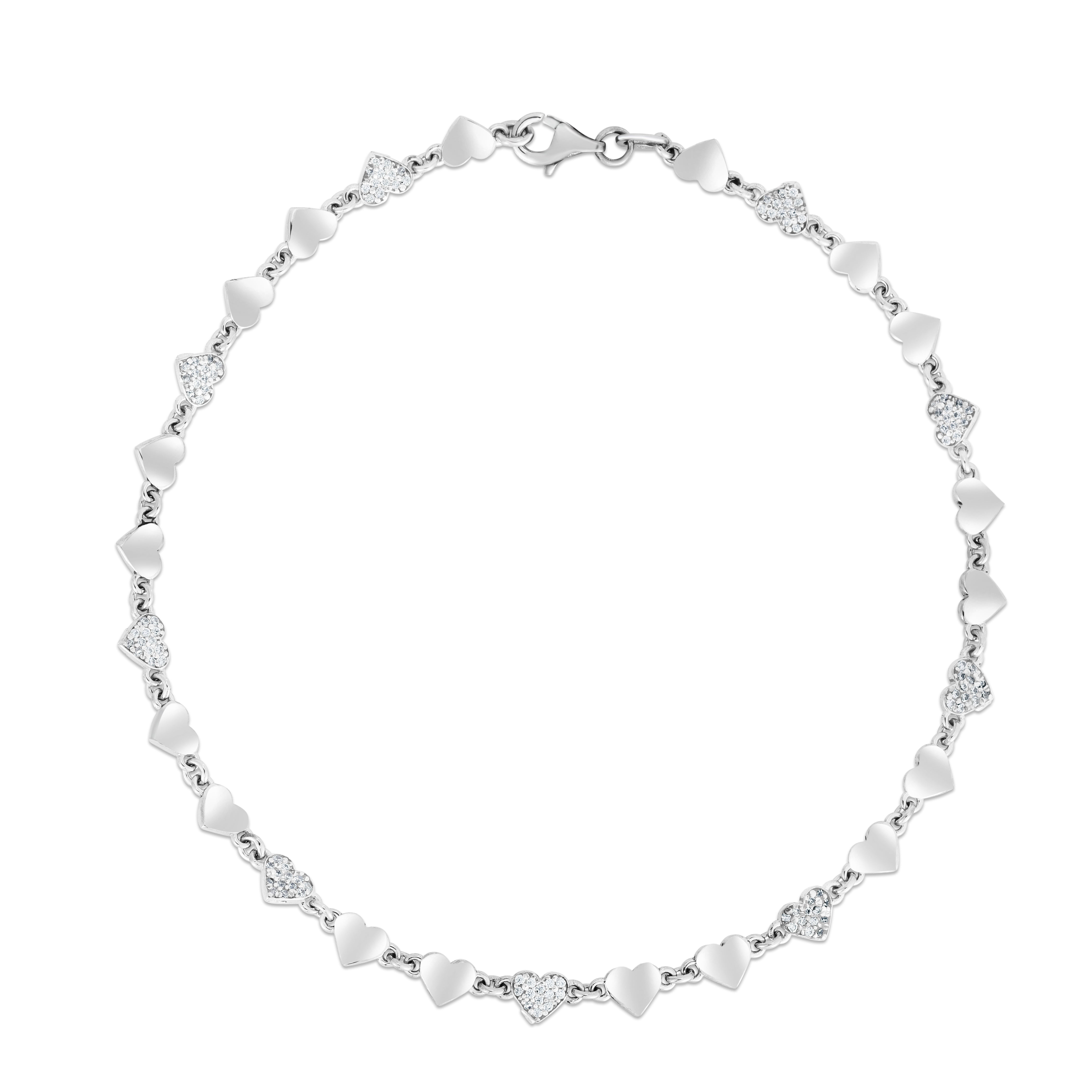 Sterling Silver 10" Polished Heart Chain Anklet with Lobster Clasp