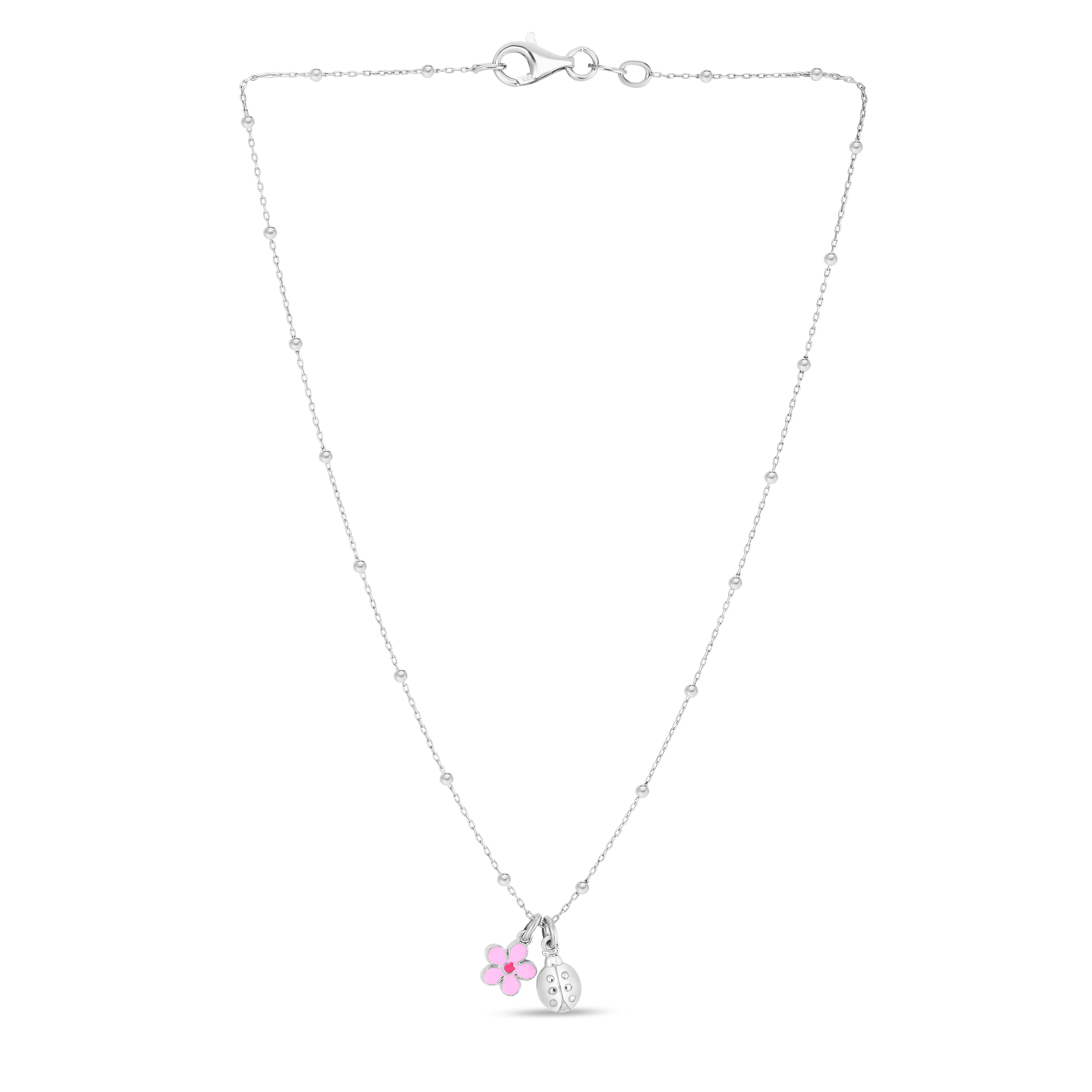 Sterling Silver Polished Enamel Flower Ladybug Necklace with Lobster Clasp. Total length 16", includes 2" extender.