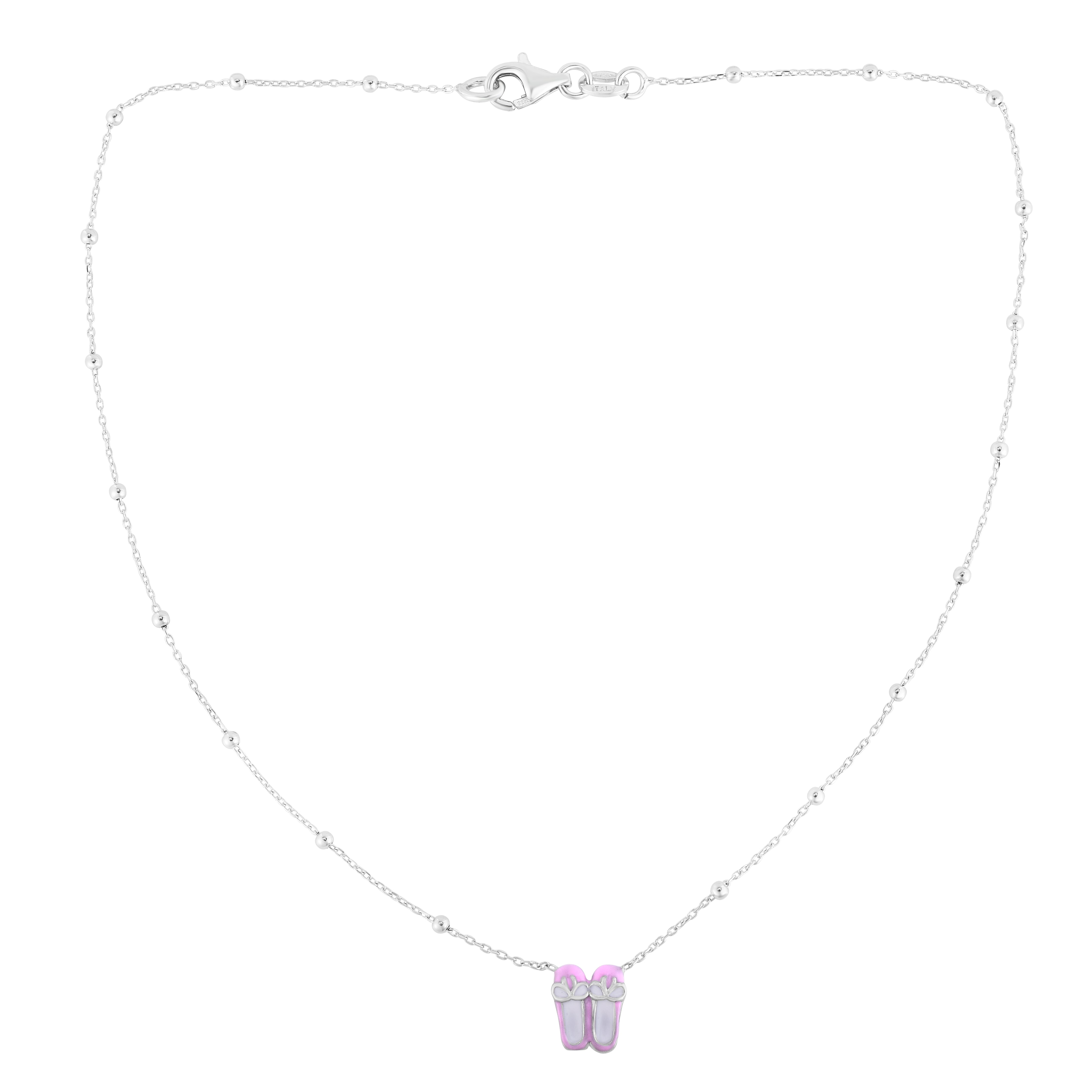 Sterling Silver Polished Enamel Ballet Slippers Necklace with Lobster Clasp. Total length 16", includes 2" extender.