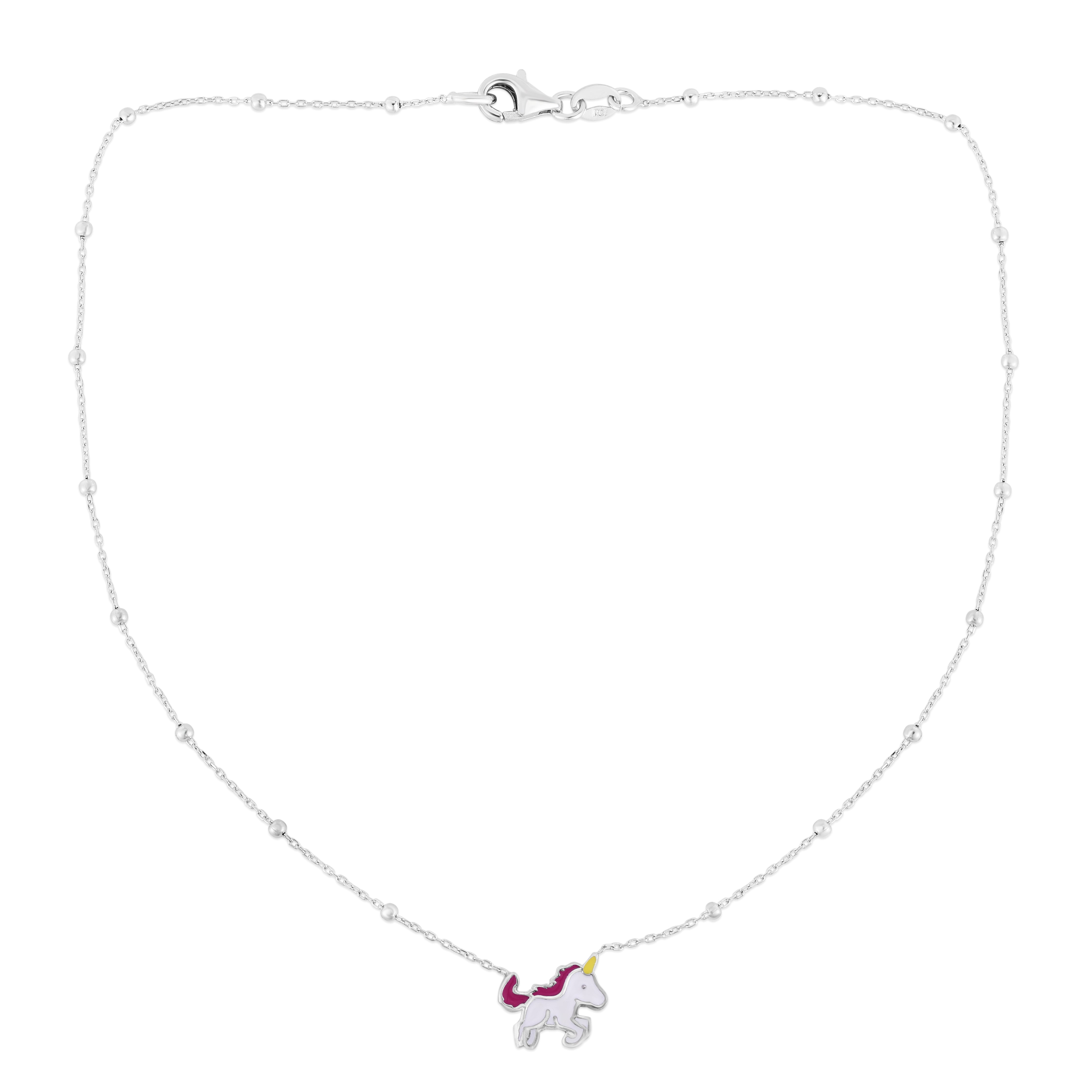 Sterling Silver Polished Enamel Unicorn Necklace with Lobster Clasp. Total length 16", includes 2" extender.