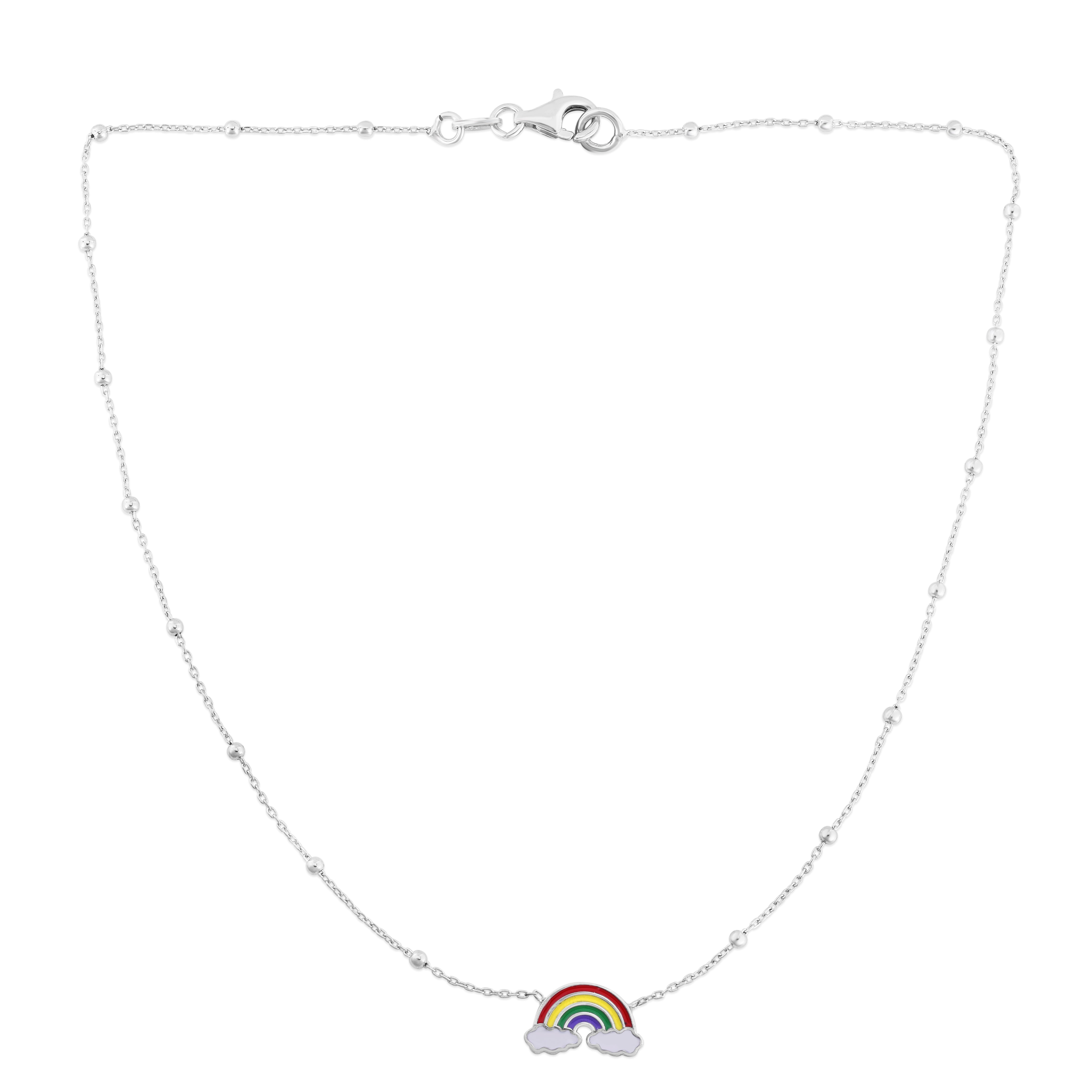 Sterling Silver Polished Enamel Rainbow Necklace with Lobster Clasp. Total length 16", includes 2" extender.