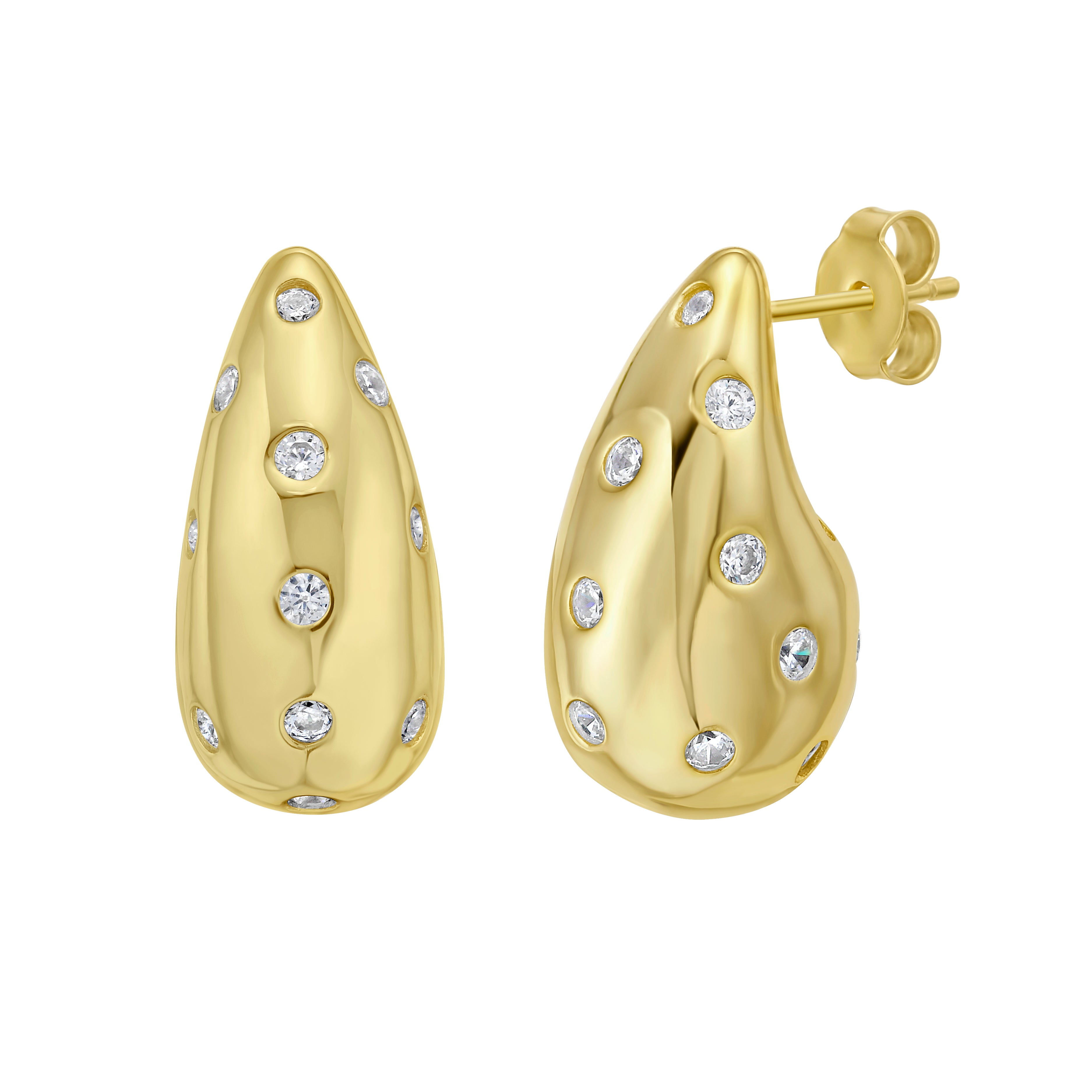 Gold Over Silver Puffed Raindrop Earring with CZ