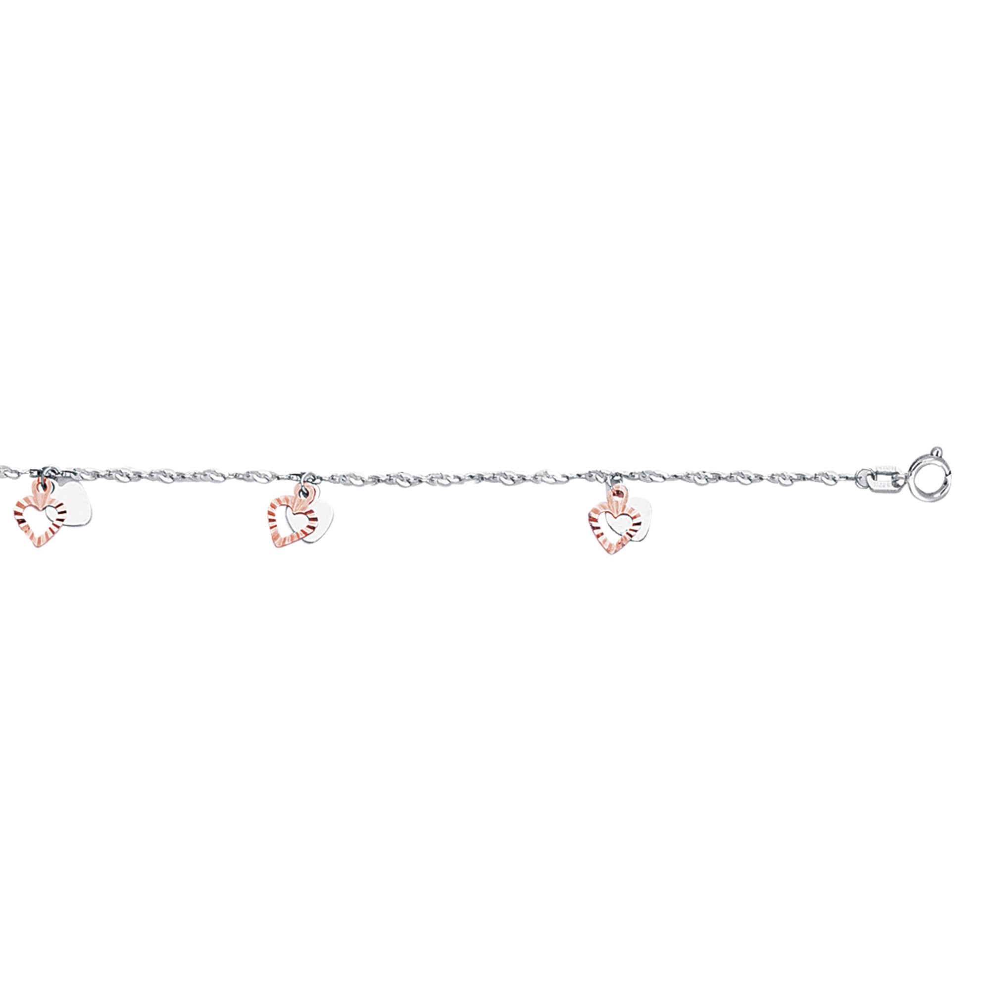14K White & Rose Gold 10" Dangle Heart Anklet