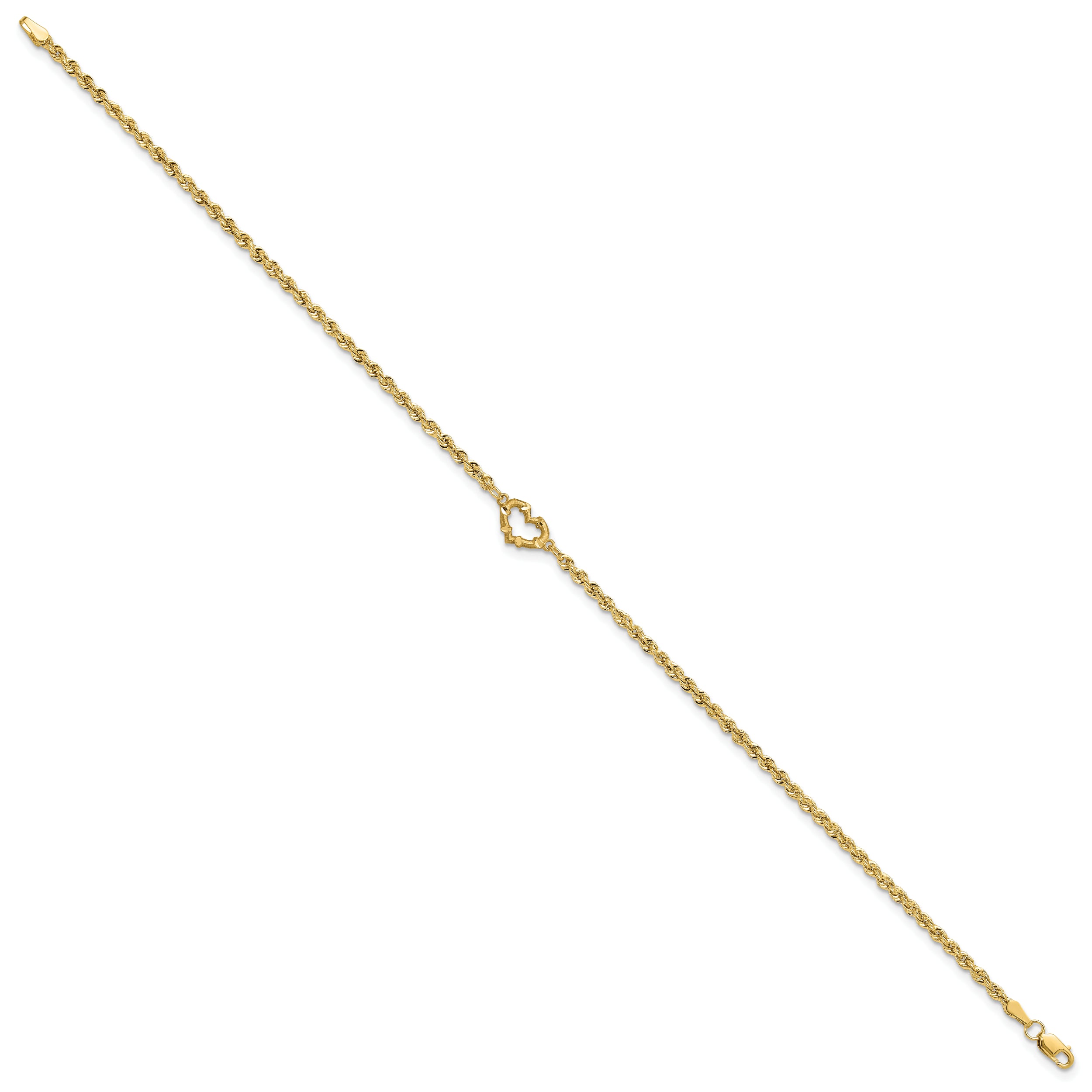 14k Diamond-cut Open Heart and Rope Chain 10 inch Anklet