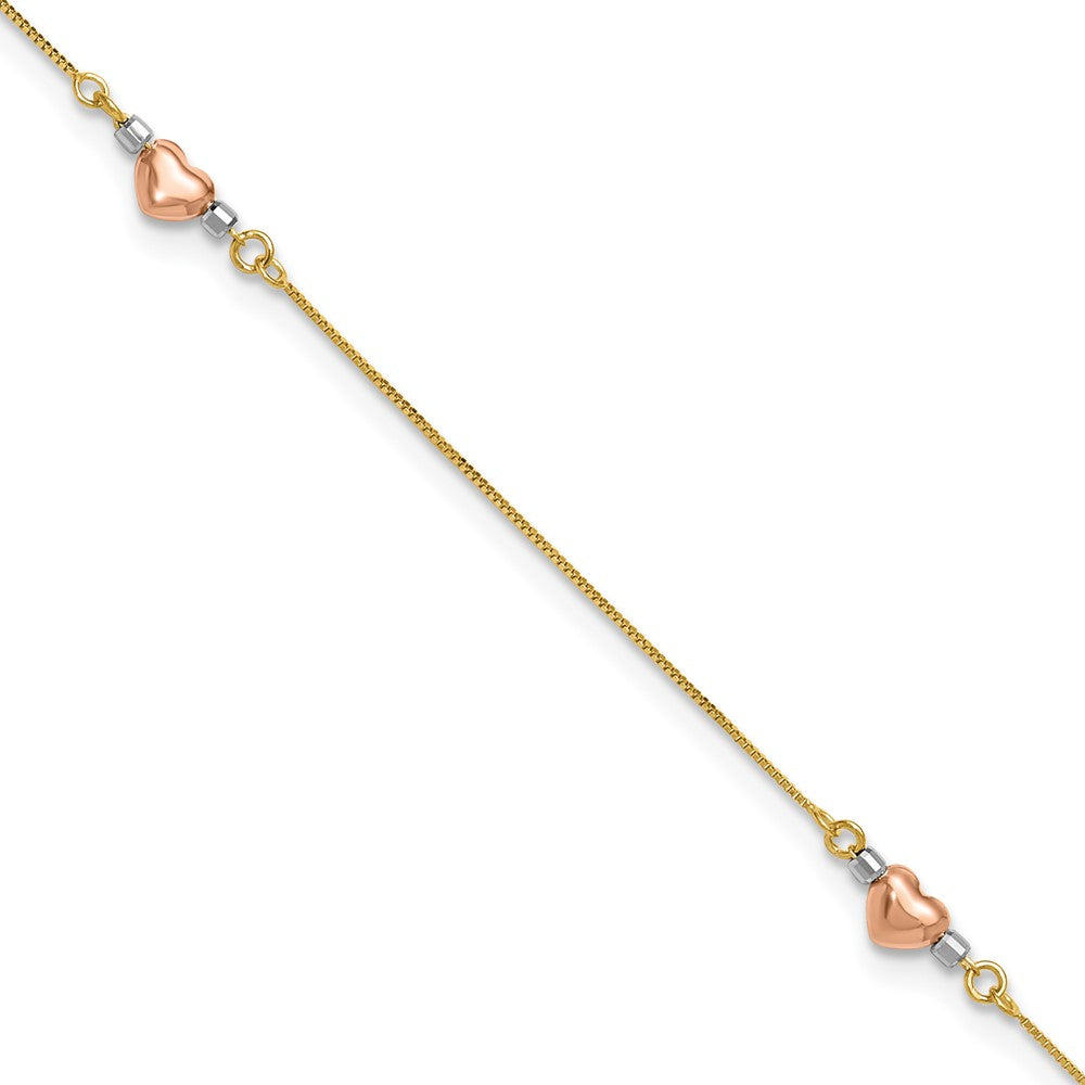 14k Tri-Color Puffed Heart 9in Plus 1in ext Anklet