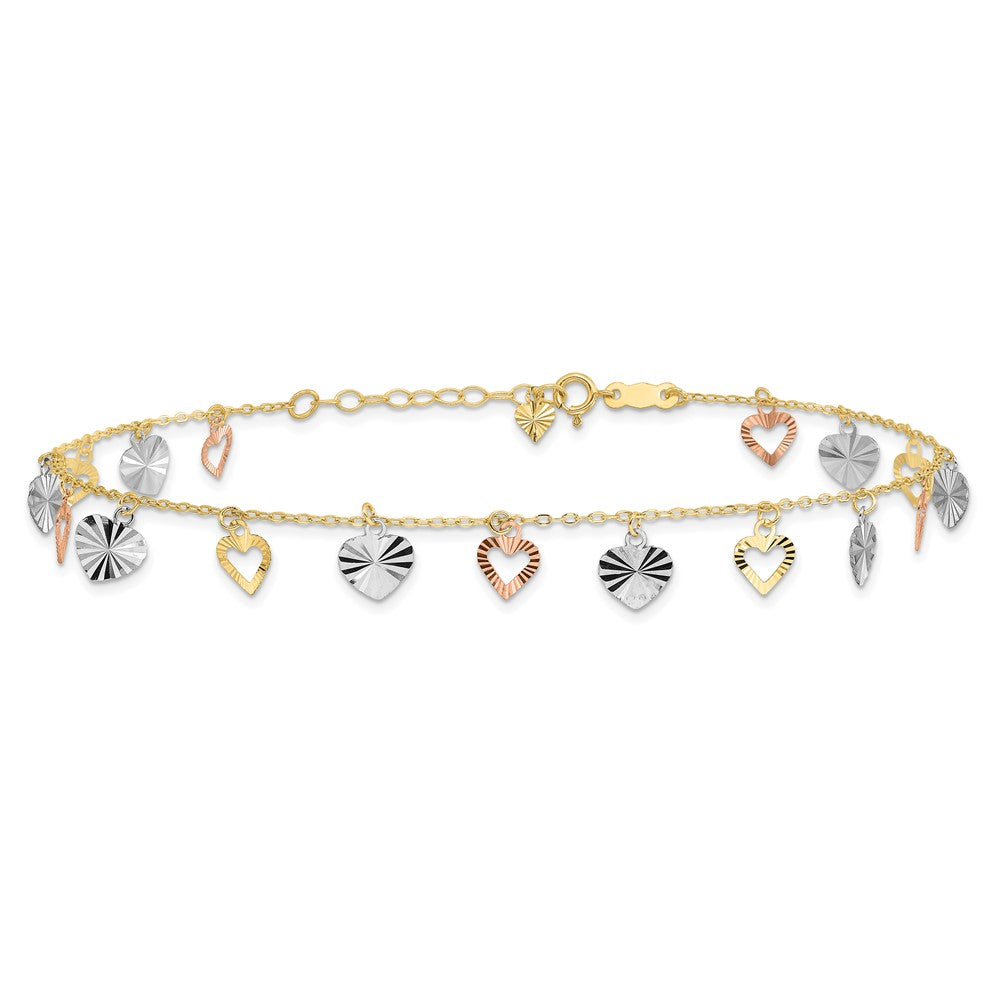 14K Tri-Color Heart 9in Plus 1in ext Anklet