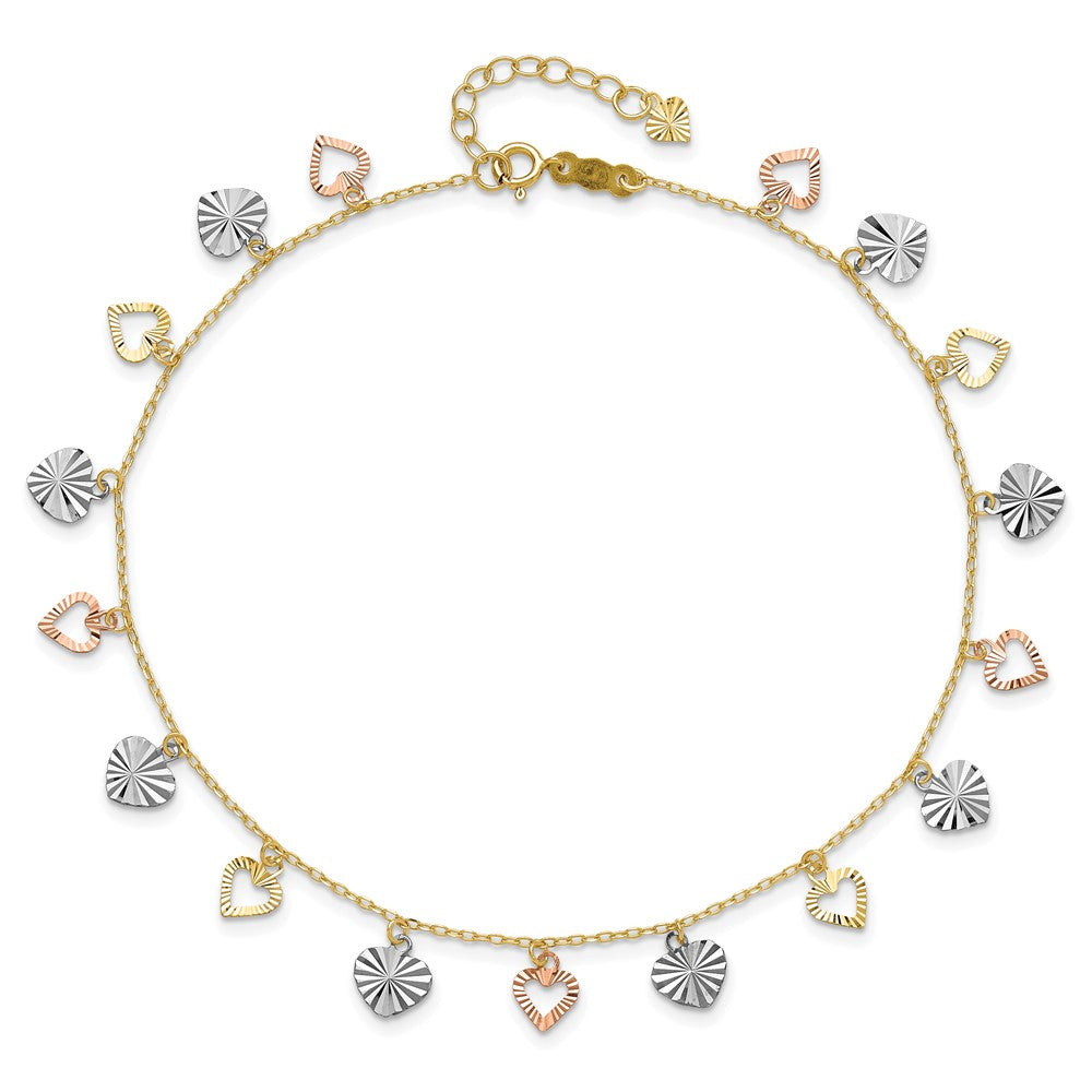 14K Tri-Color Heart 9in Plus 1in ext Anklet
