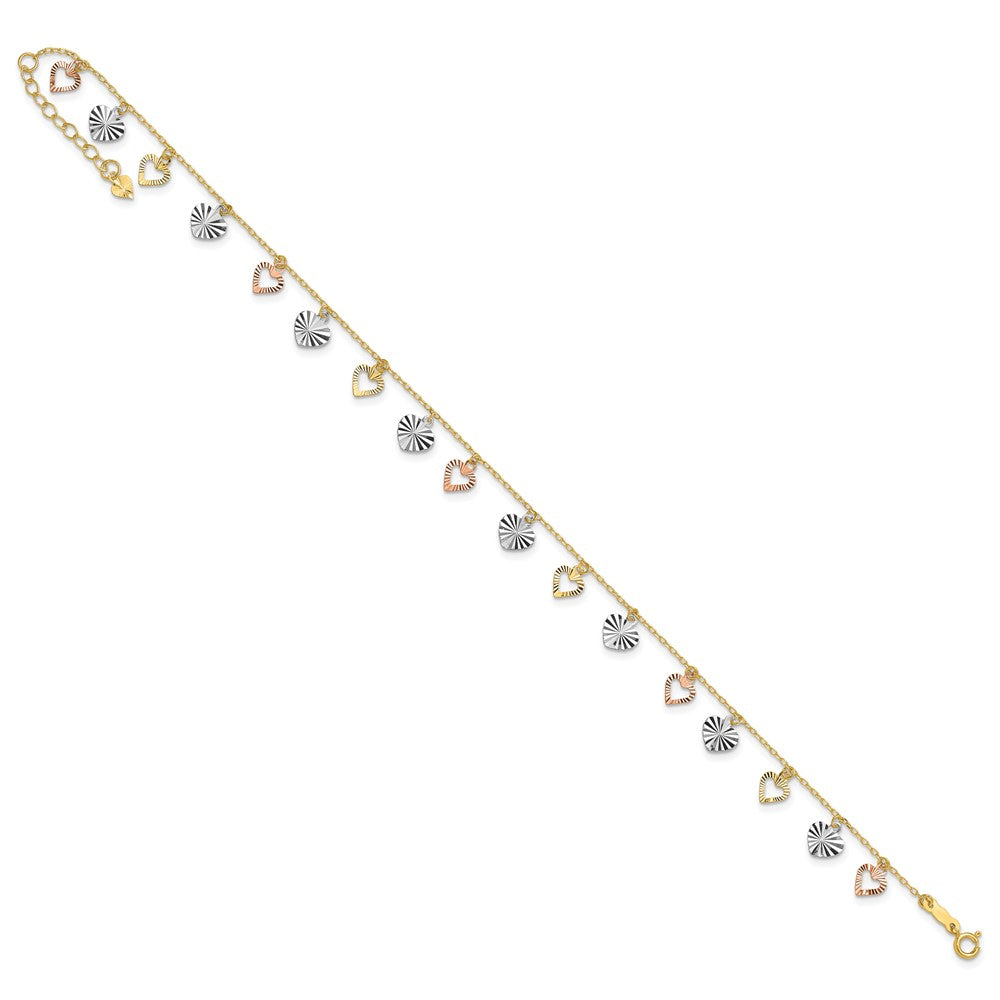 14K Tri-Color Heart 9in Plus 1in ext Anklet
