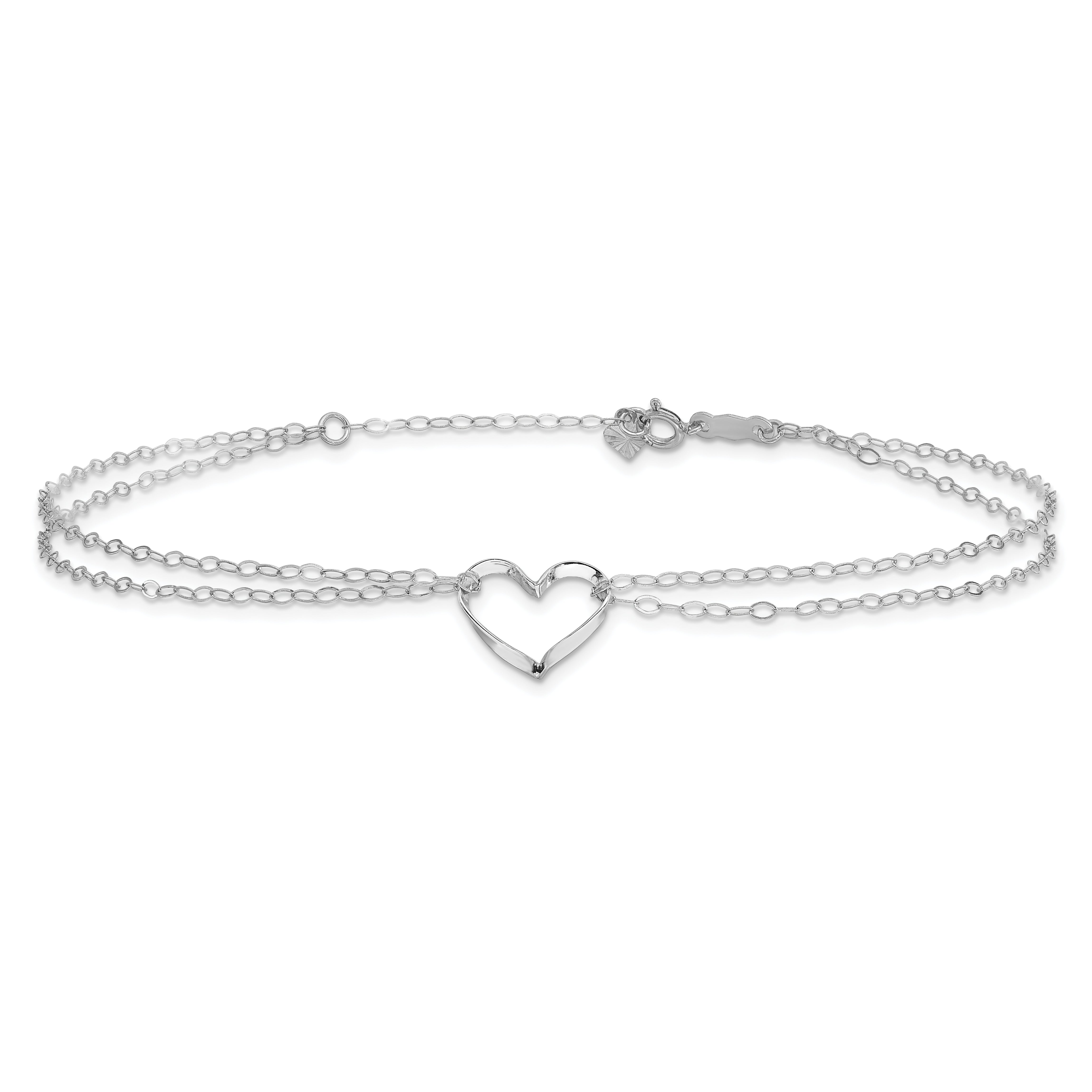 14k White Gold Double Strand Chain and Open Twisted Heart 9 inch Anklet Plus 1 inch Heart Dangle Extender