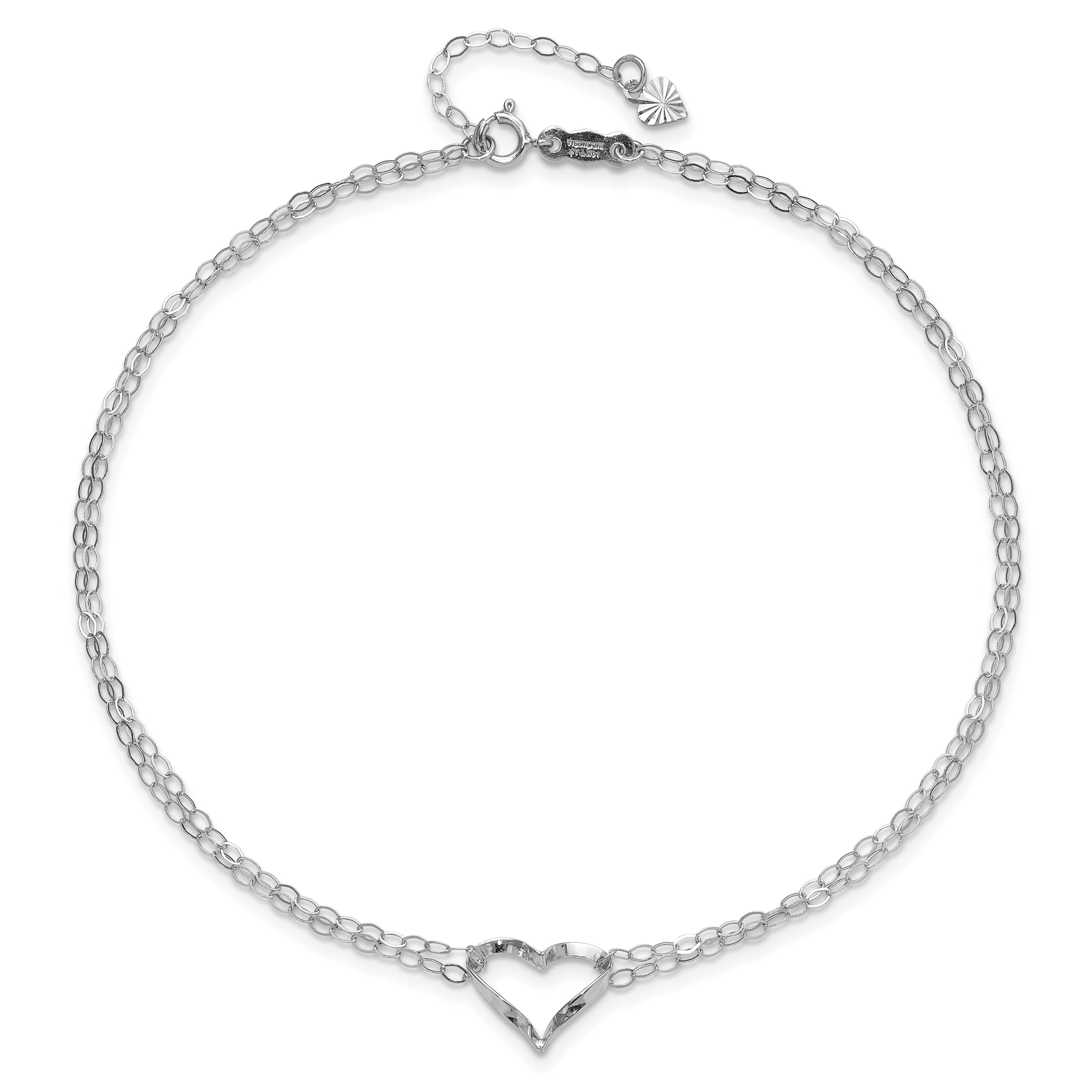 14k White Gold Double Strand Chain and Open Twisted Heart 9 inch Anklet Plus 1 inch Heart Dangle Extender