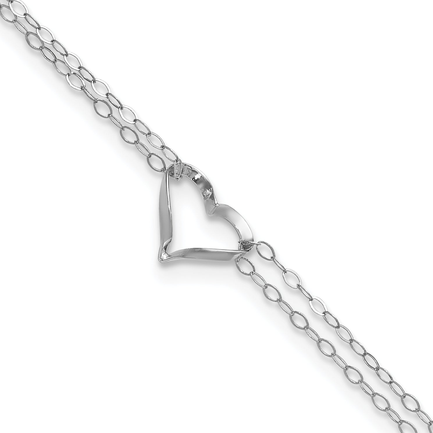 14k White Gold Double Strand Chain and Open Twisted Heart 9 inch Anklet Plus 1 inch Heart Dangle Extender