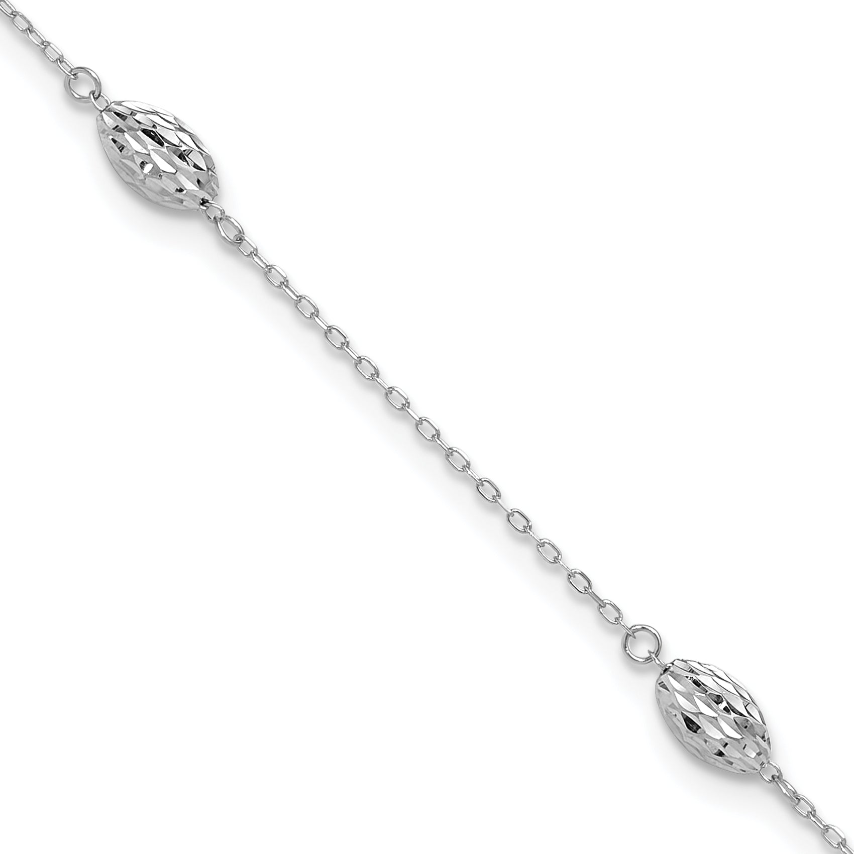 14k White Gold Polished Cable Chain and Diamond-cut Rice Puff Beads 4-Station 9 inch Anklet Plus 1 inch Extender