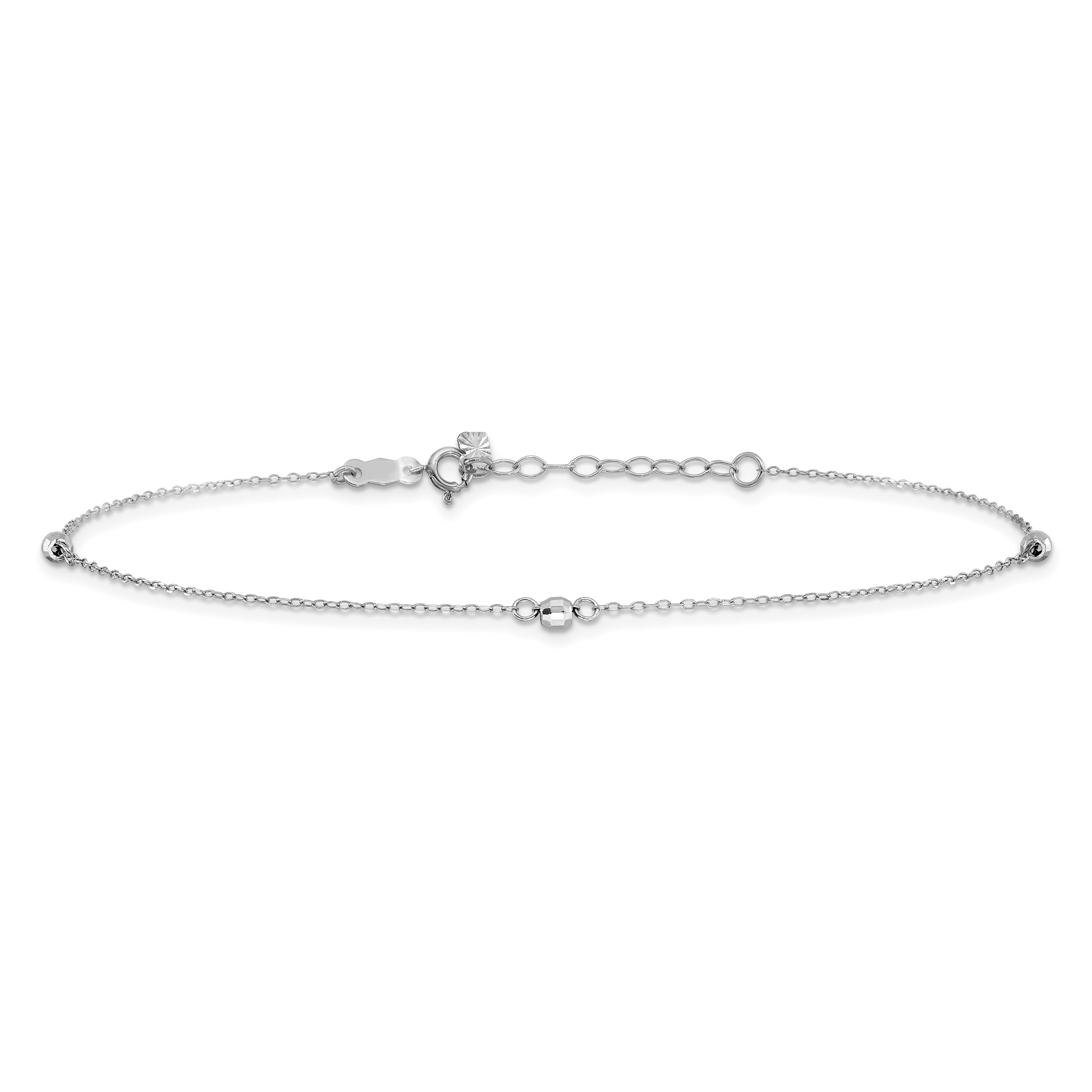 14K White Gold Mirror Beads 3-Station 9 inch Anklet Plus 1 inch Heart Dangle Extender
