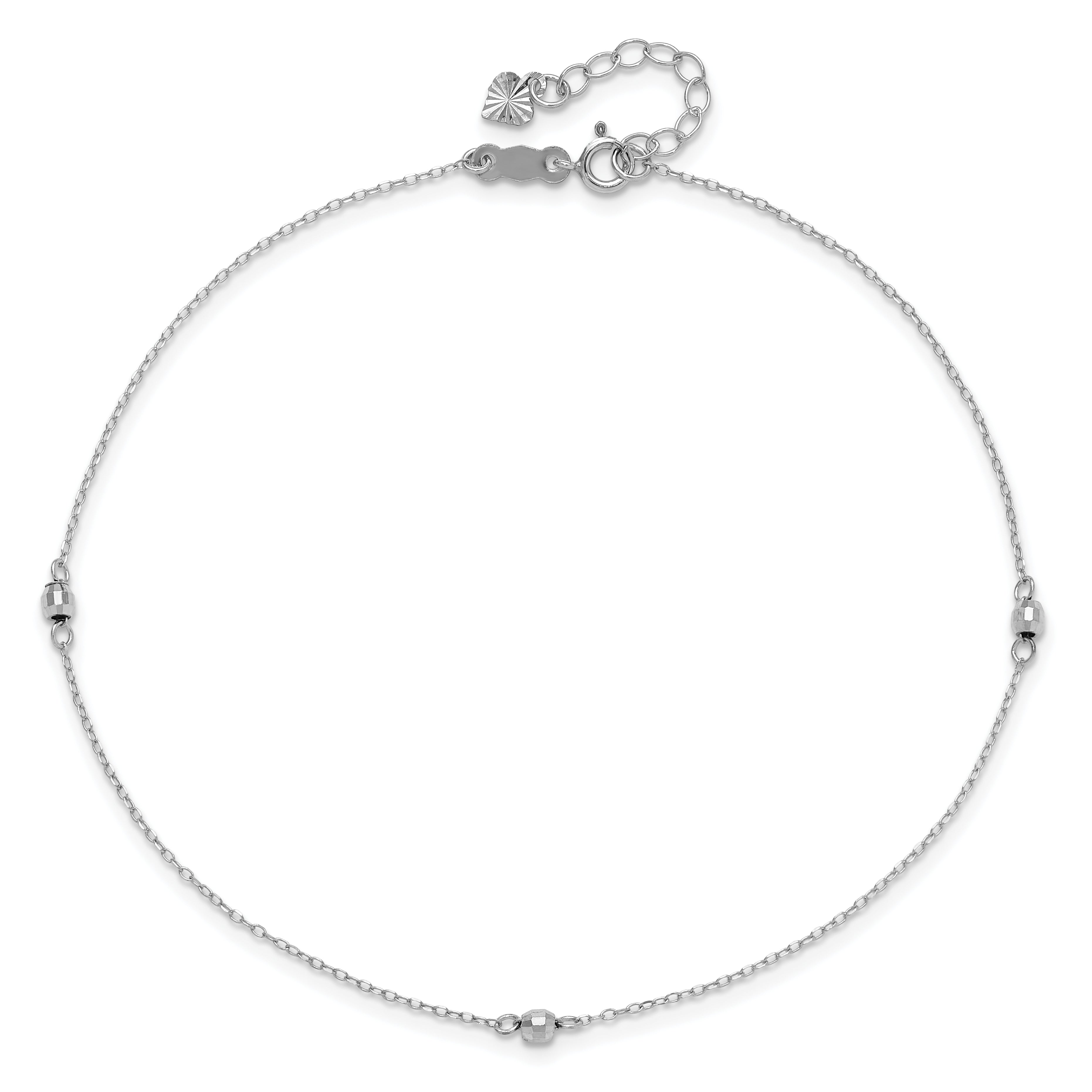 14K White Gold Mirror Beads 3-Station 9 inch Anklet Plus 1 inch Heart Dangle Extender