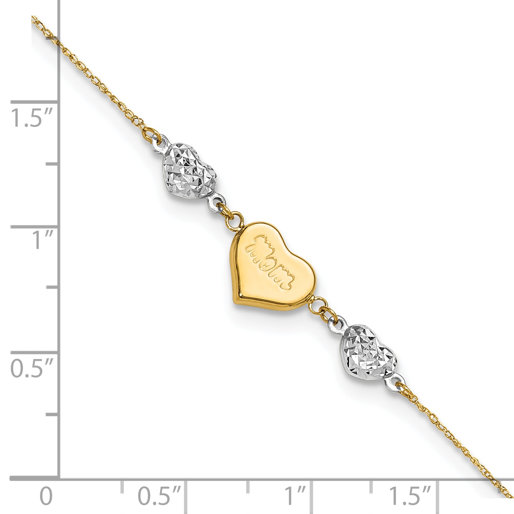 14K Two-tone Diamond-cut and MOM Puffed Heart 9 inch Anklet Plus 1 inch Heart Dangle Extender