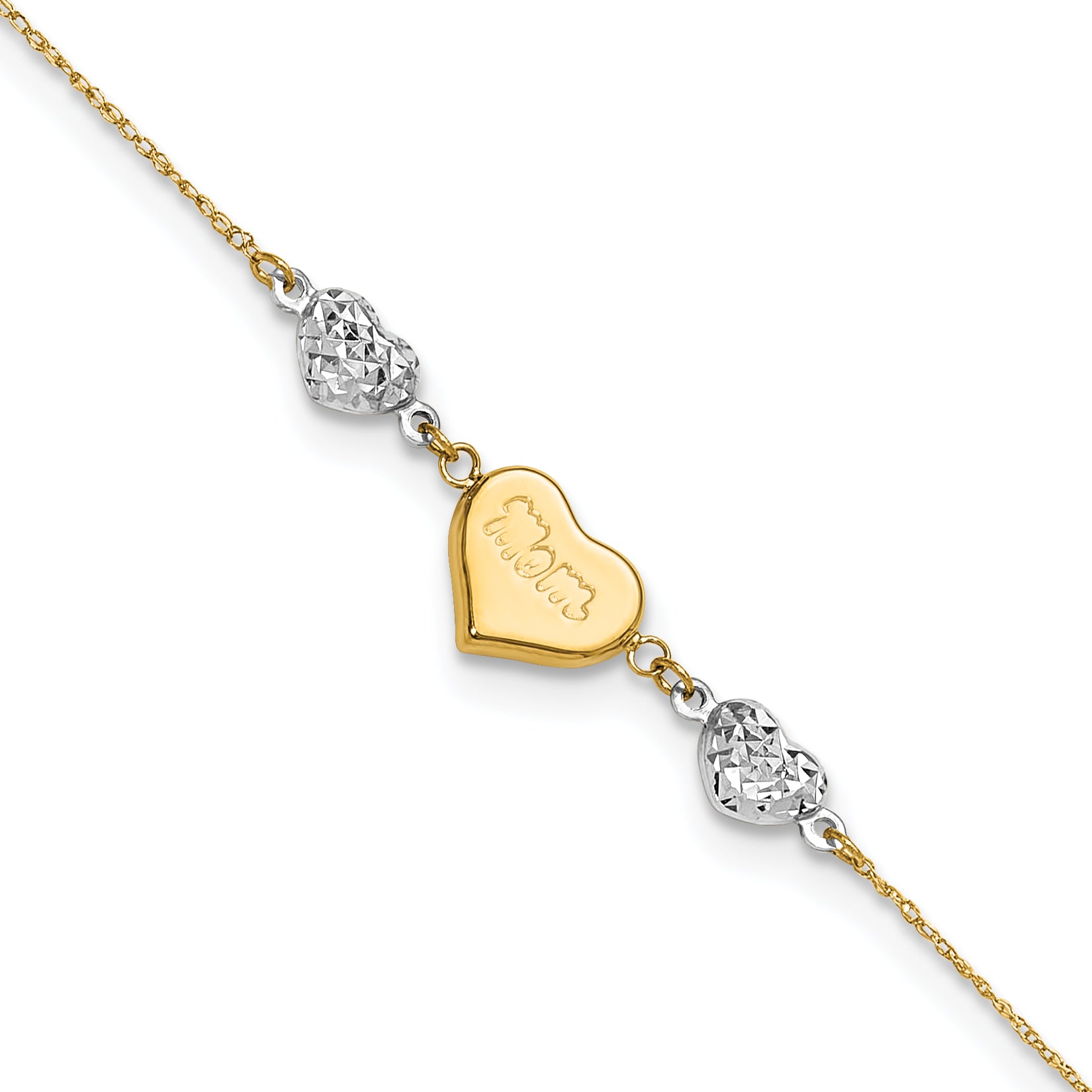 14K Two-tone Diamond-cut and MOM Puffed Heart 9 inch Anklet Plus 1 inch Heart Dangle Extender