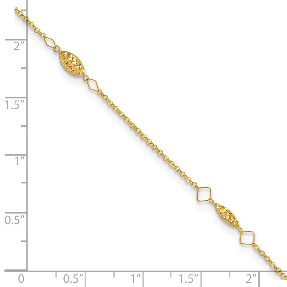 14K Circle Chain Diamond Cut Rice Puff Beads 9in Plus 1in Ext Anklet