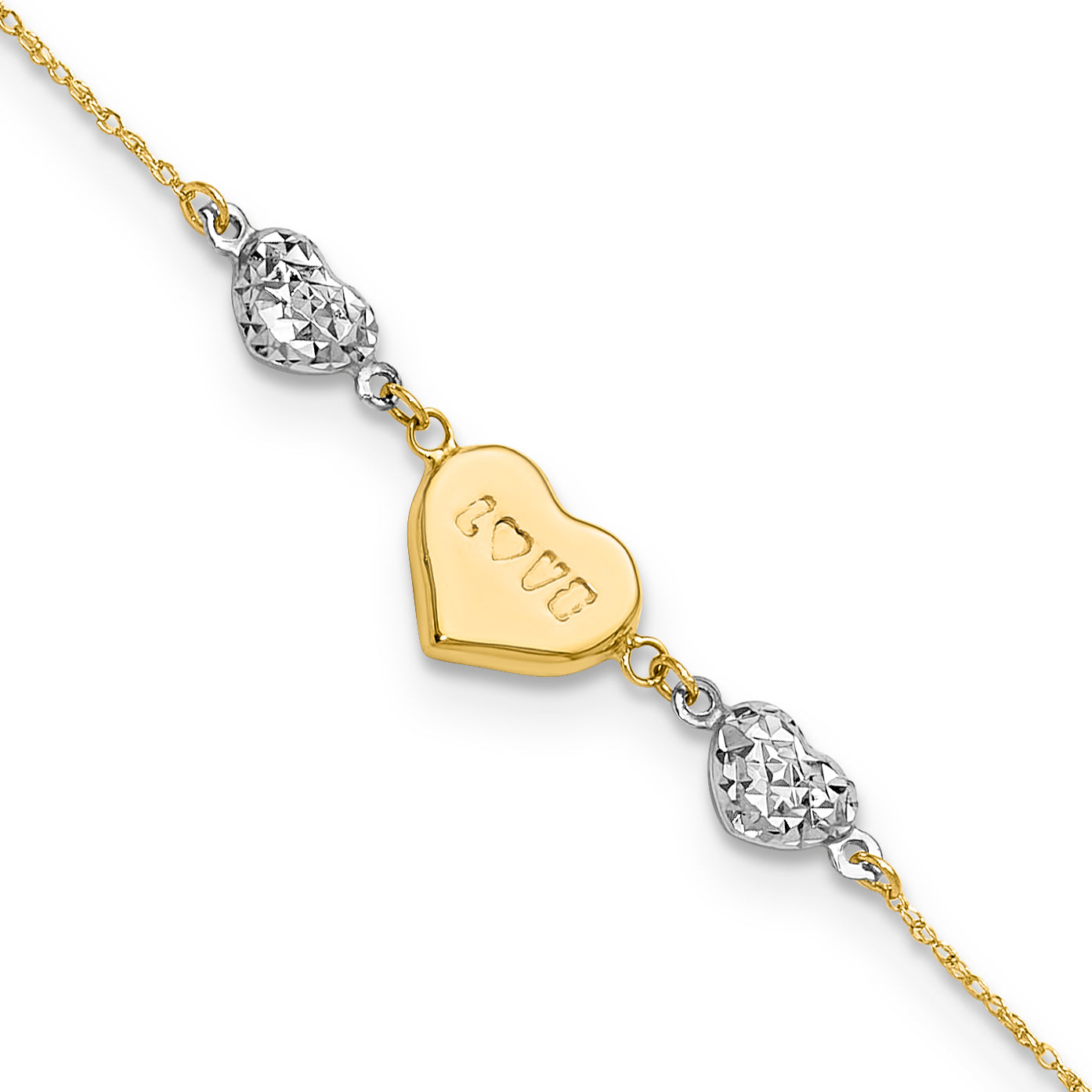 14K Two Tone Puffed Love Heart & D/C Hearts Bracelet