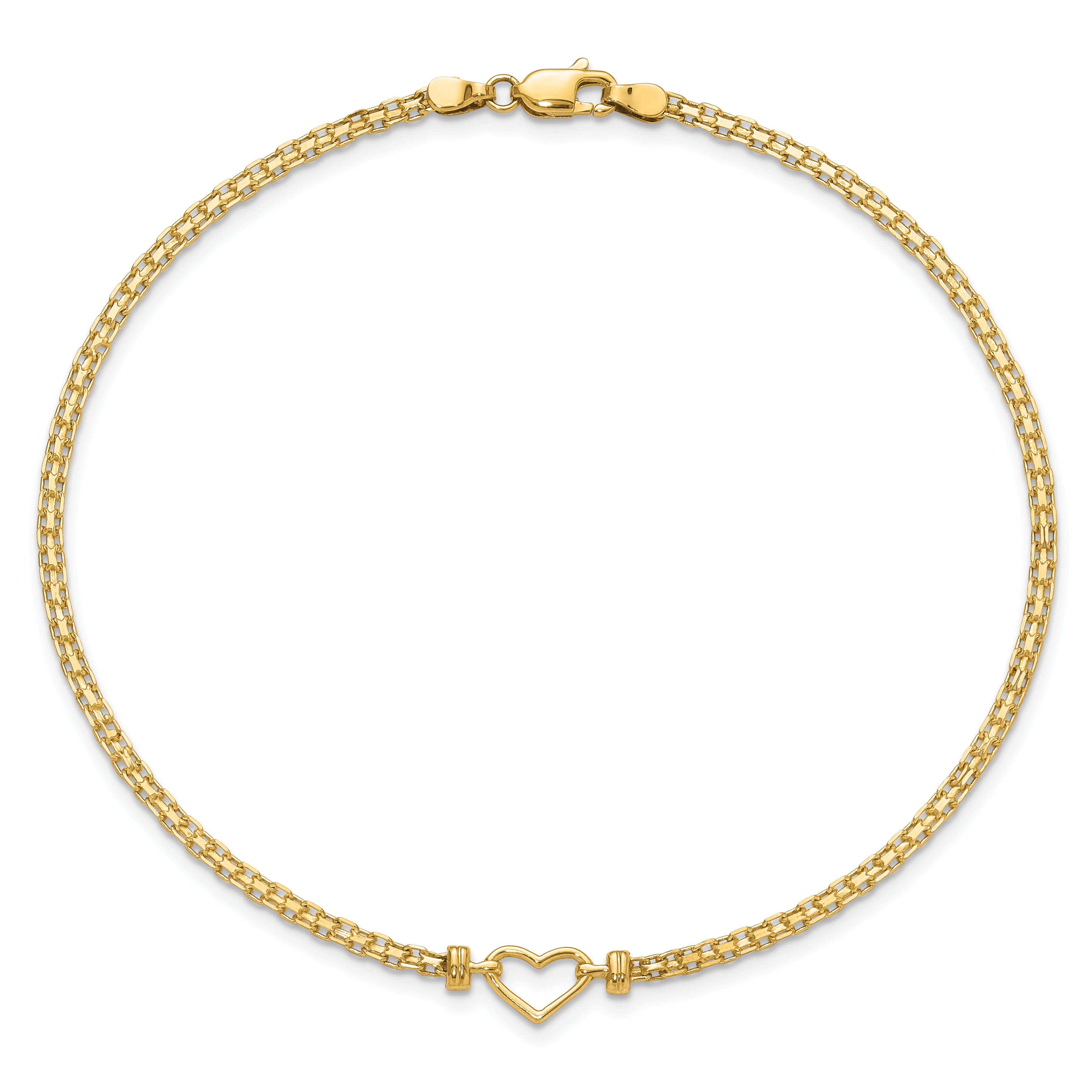 14k Polished Open Heart and Bismark Chain 9 inch Anklet