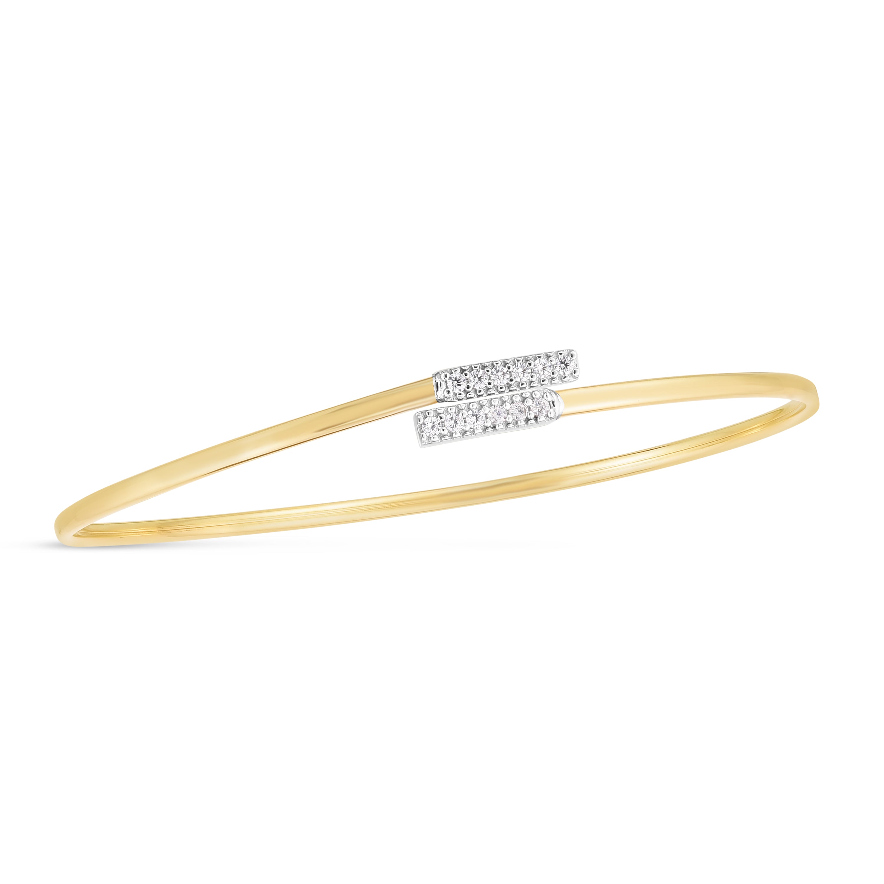 14K Yellow Gold .08Ct Diamond Bypass Bar Open Cuff Bangle