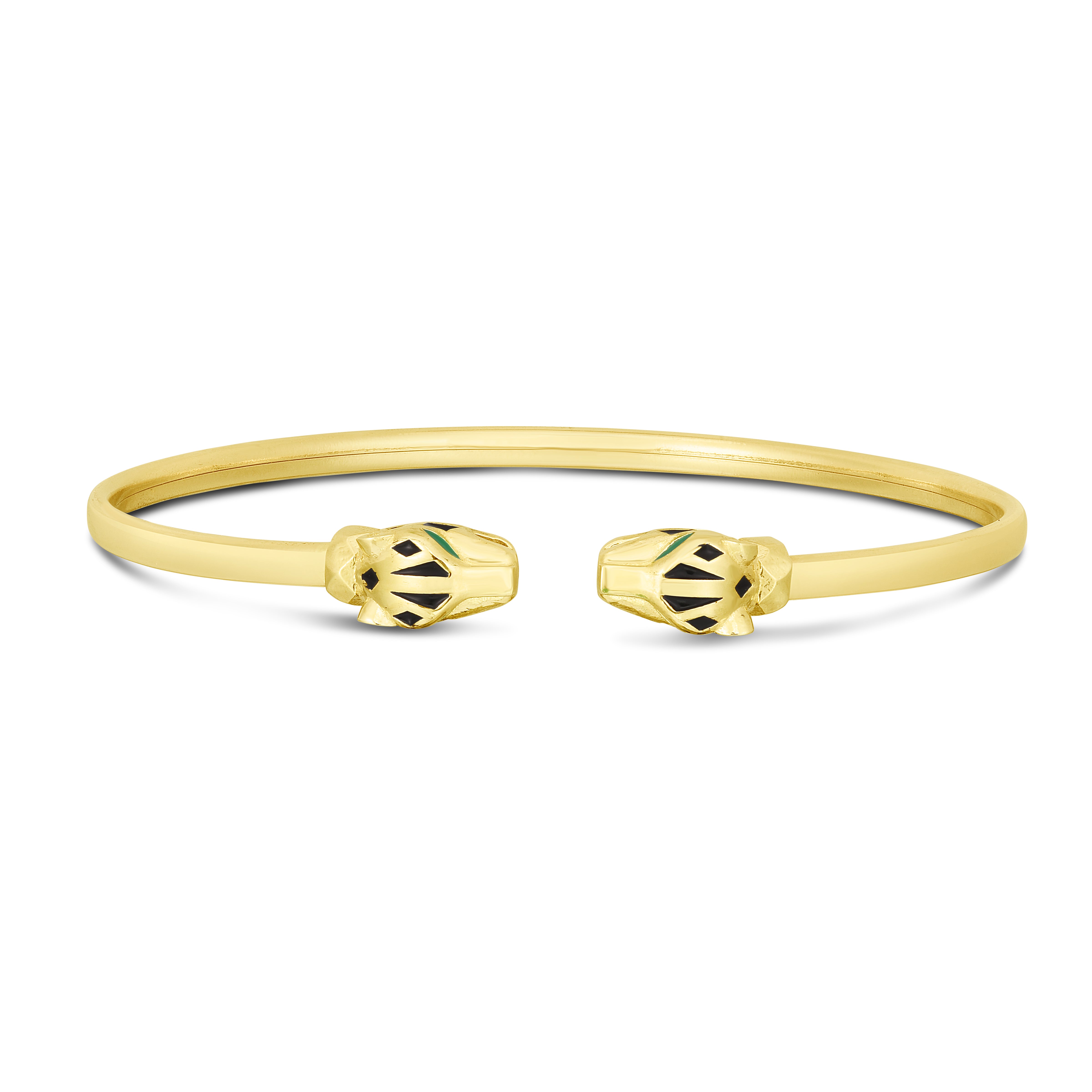 14K Yellow Gold Open Cuff Panther Bangle With Green & Black Enamel Accent