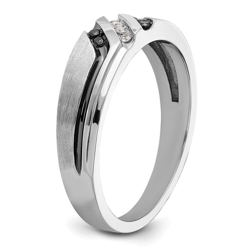 IBGoodman 14k White Gold with Black Rhodium Men's Polished Satin and Grooved 1/8 total Carat Black Mined Diamonds and Whit...