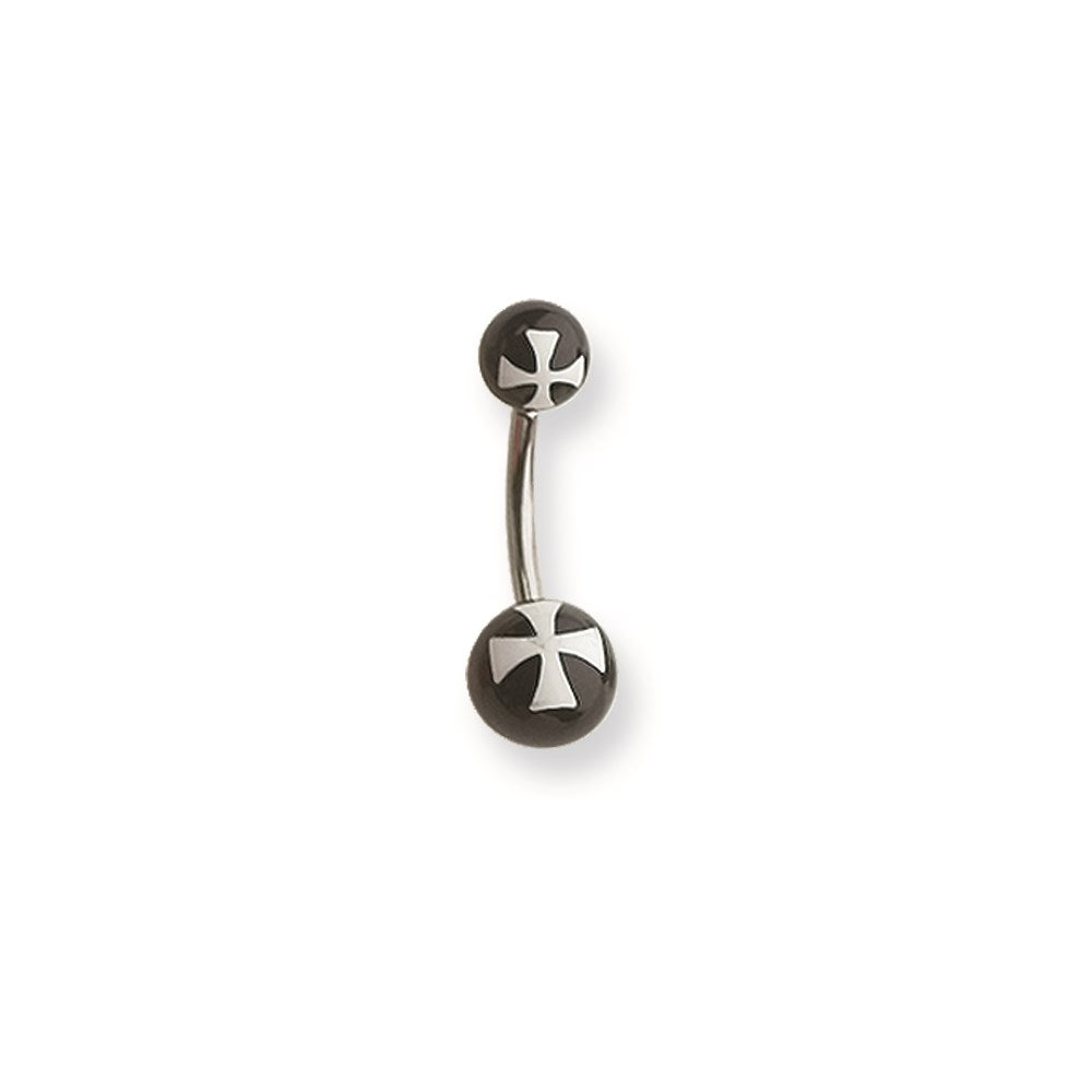 316L SRG GR SSTL 14G 7/16 Acrylc Cross Wht on Blk Belly Ring