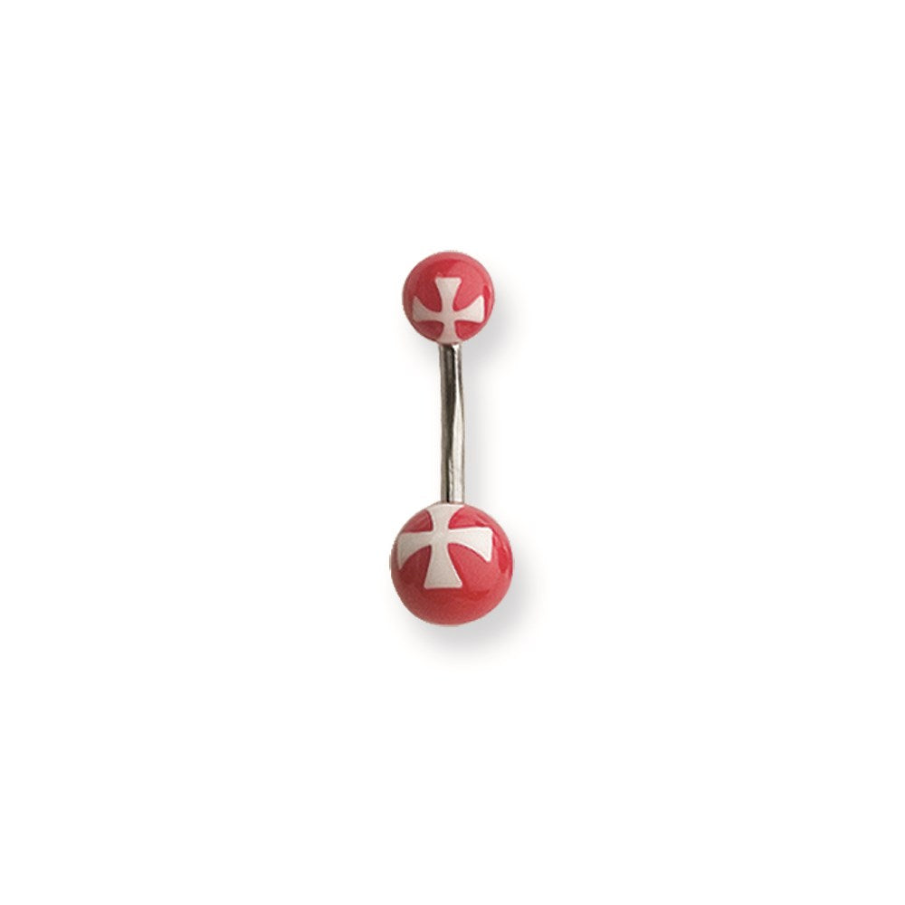 316L SRG GR SSTL 14G 7/16 Acrylc Cross Wht on Red Belly Ring
