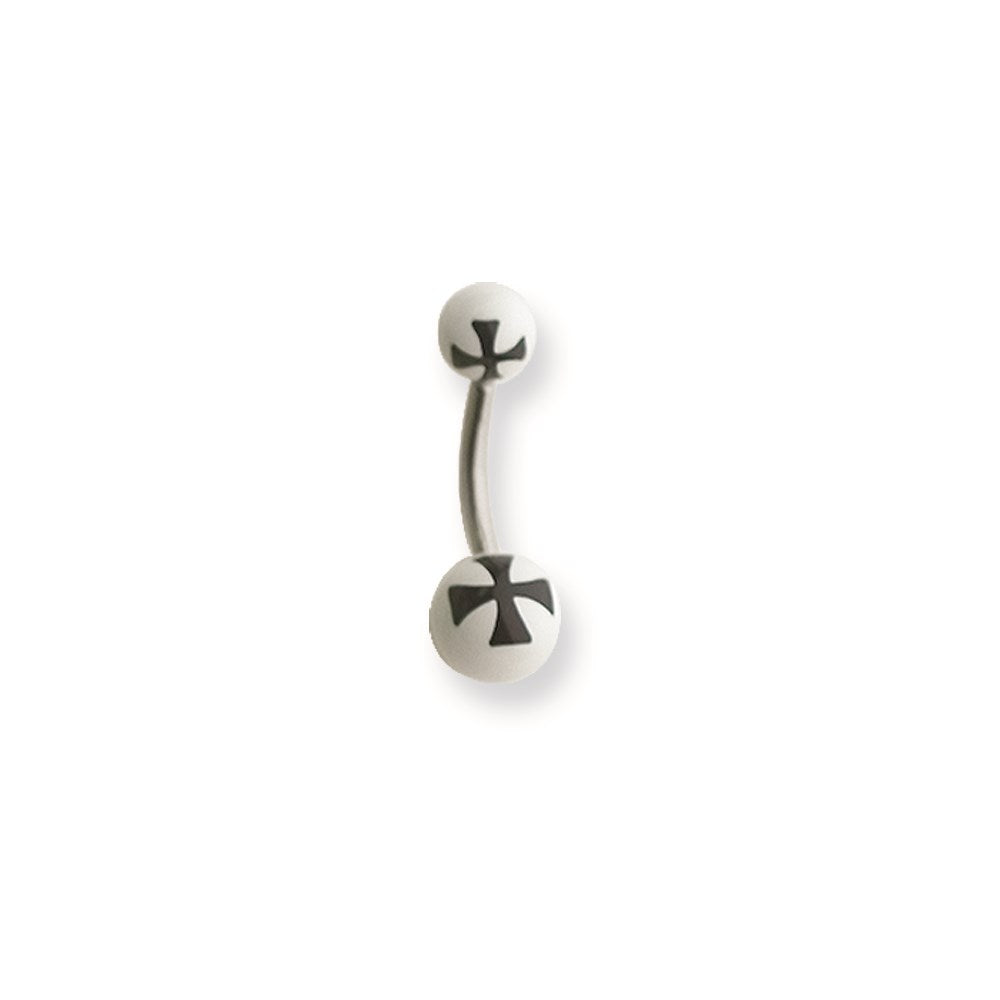 316L SRG GR SSTL 14G 7/16 Acrylc Cross Blk on Wht Belly Ring