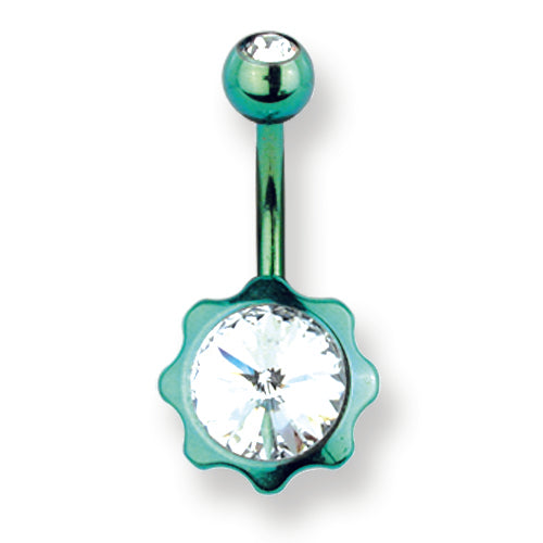 316L Srg Gr Sstl 14G 13/32In.Green W/Clr Czs Star Belly Ring