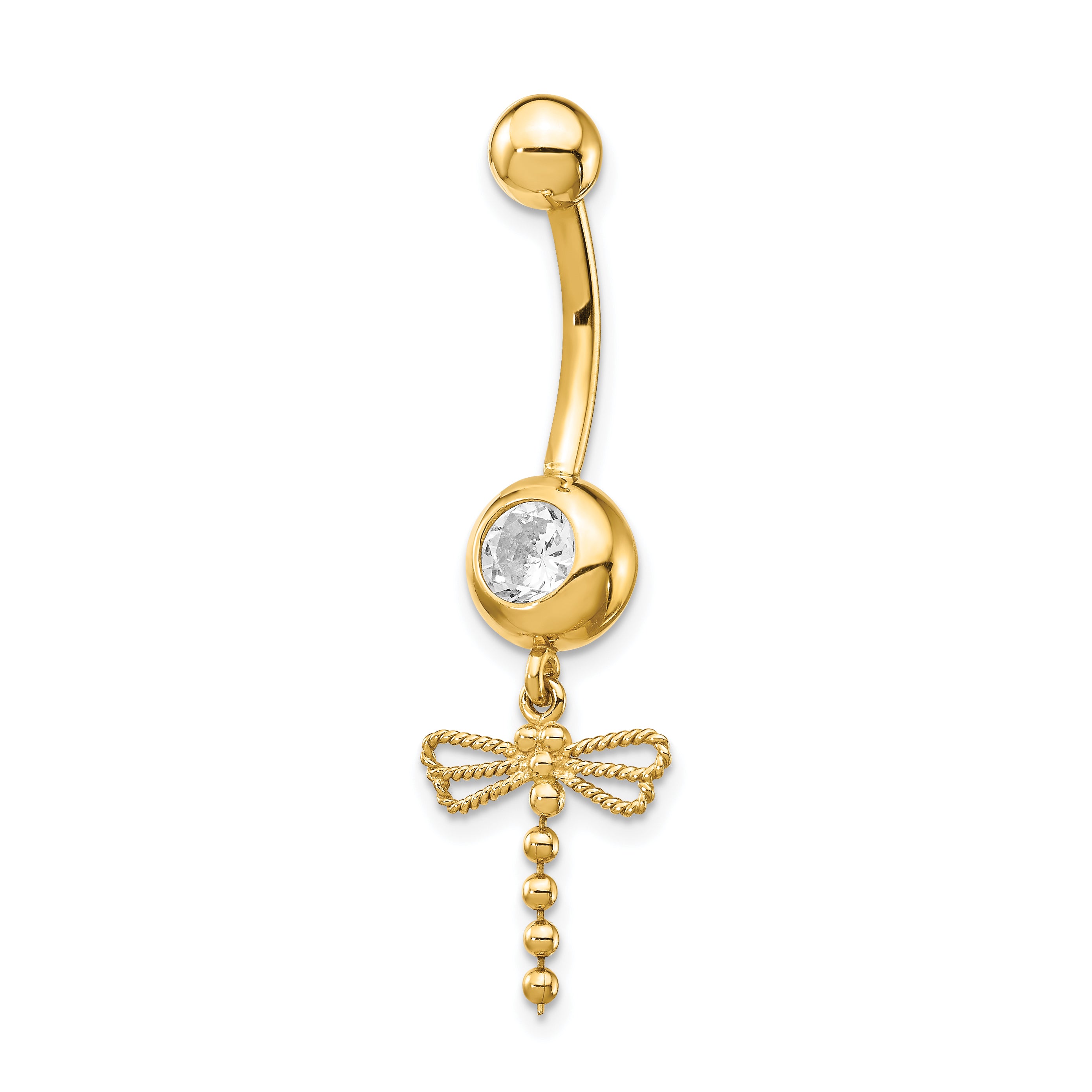 14K 14 Gauge Cz Dragonfly Dangle Belly Ring