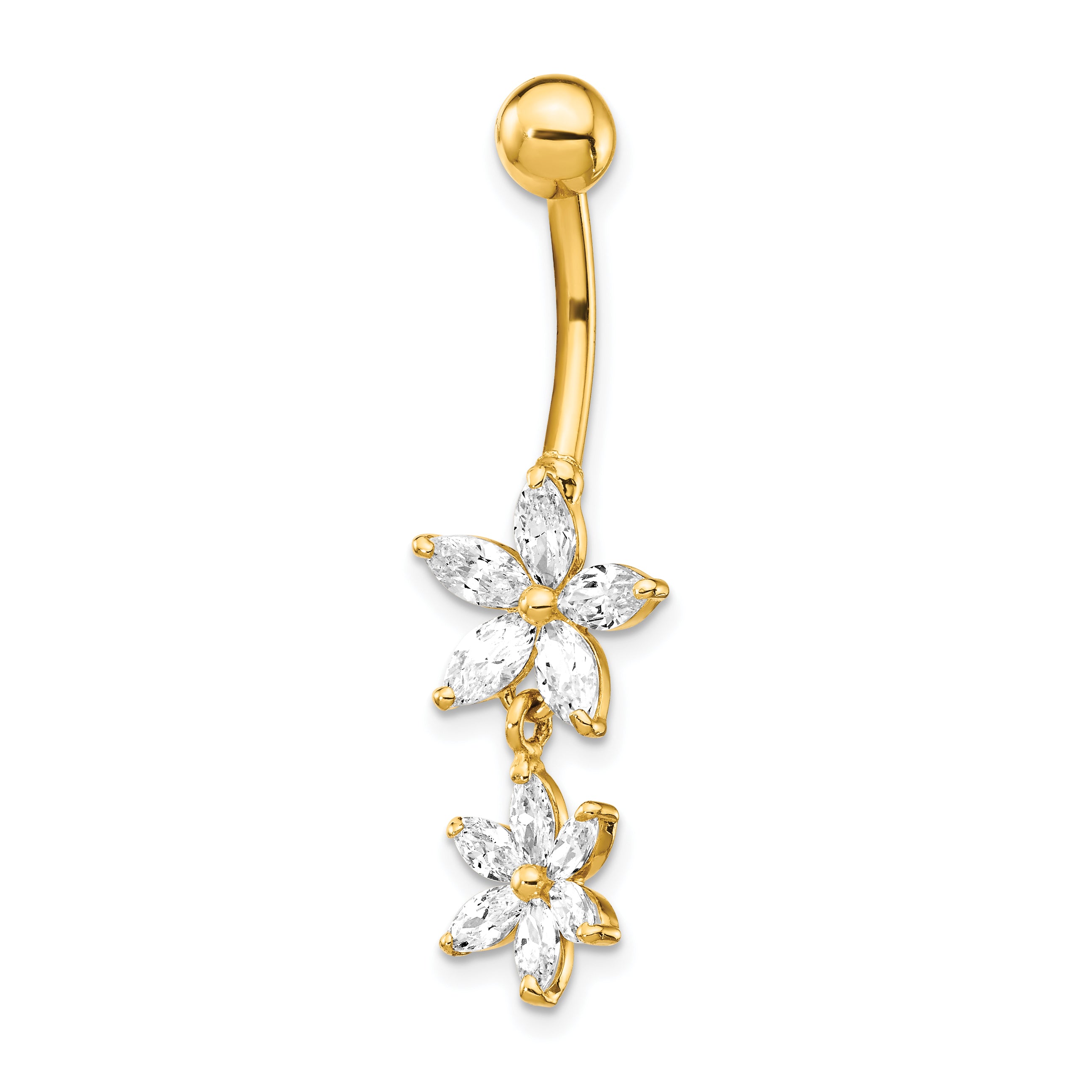 14K 14 Gauge Cz 2-Flower Dangle Belly Ring
