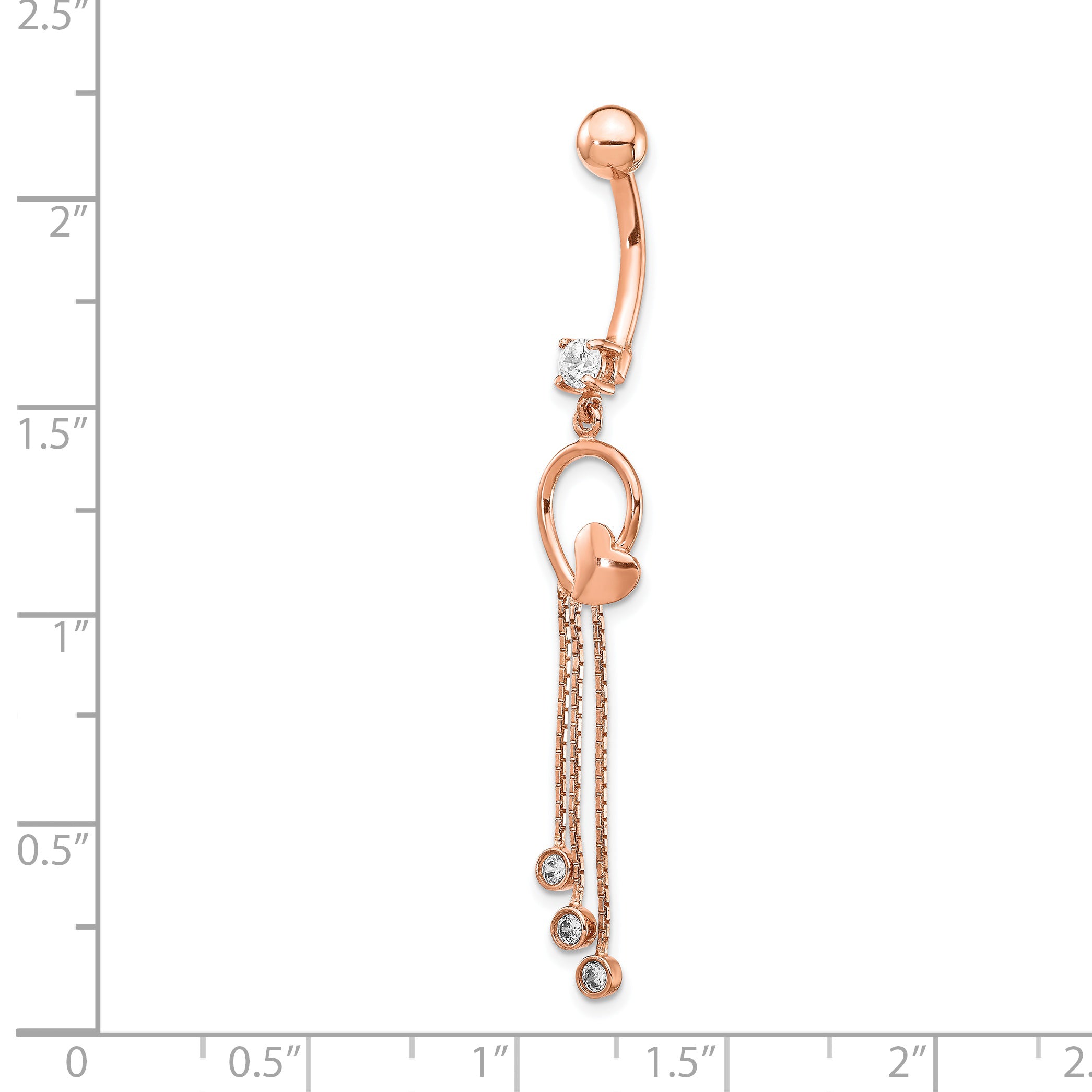 14K Rose Gold 14 Gauge Cz Heart 3-Chain Dangle Belly Ring