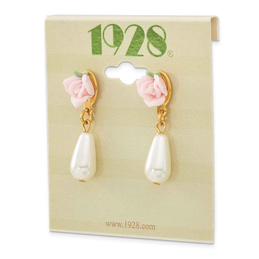 1928 Gold-tone Porcelain Rose and Simulated Pearl Post Dangle Earrings