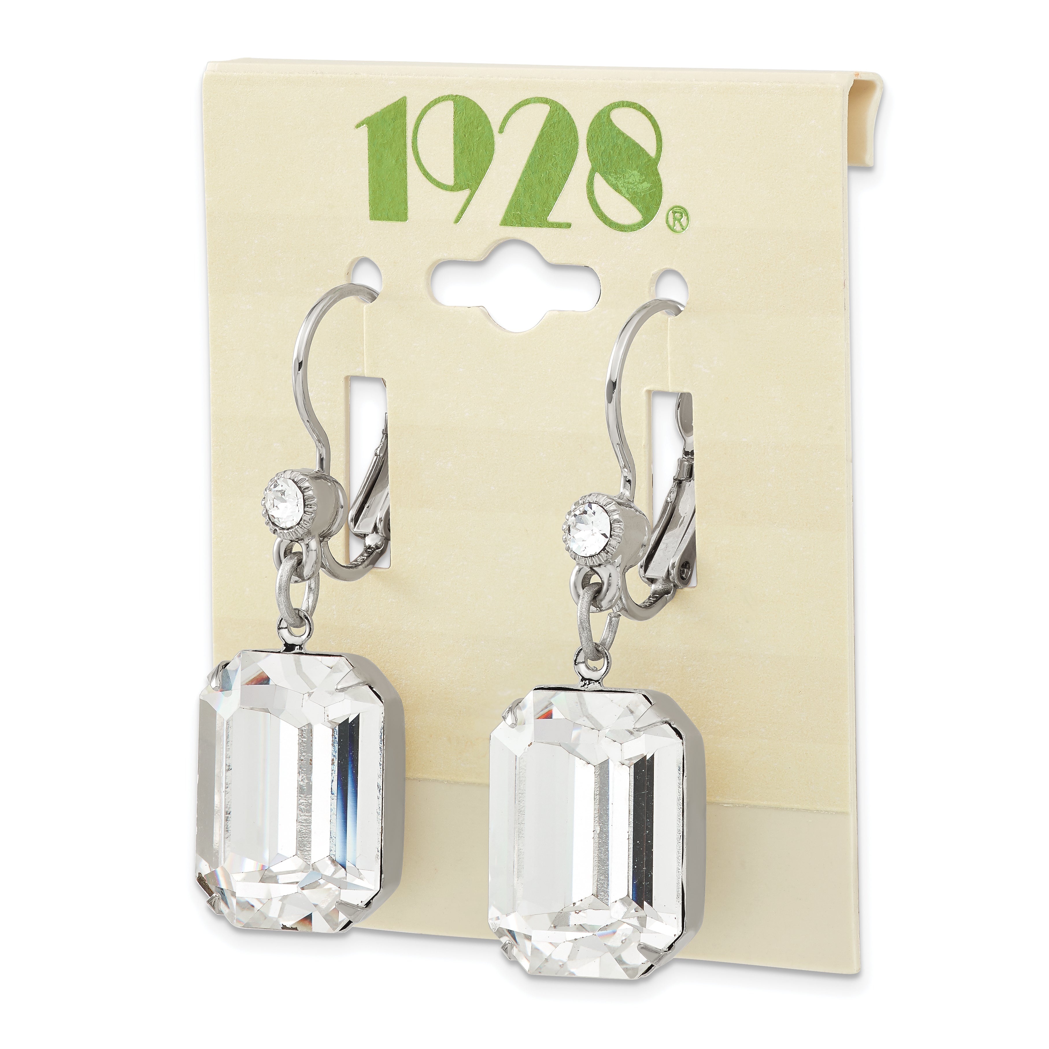 1928 Jewelry Silver-Tone Clear Emerald Cut Crystals From Swarovski Dangle Leverback Earrings