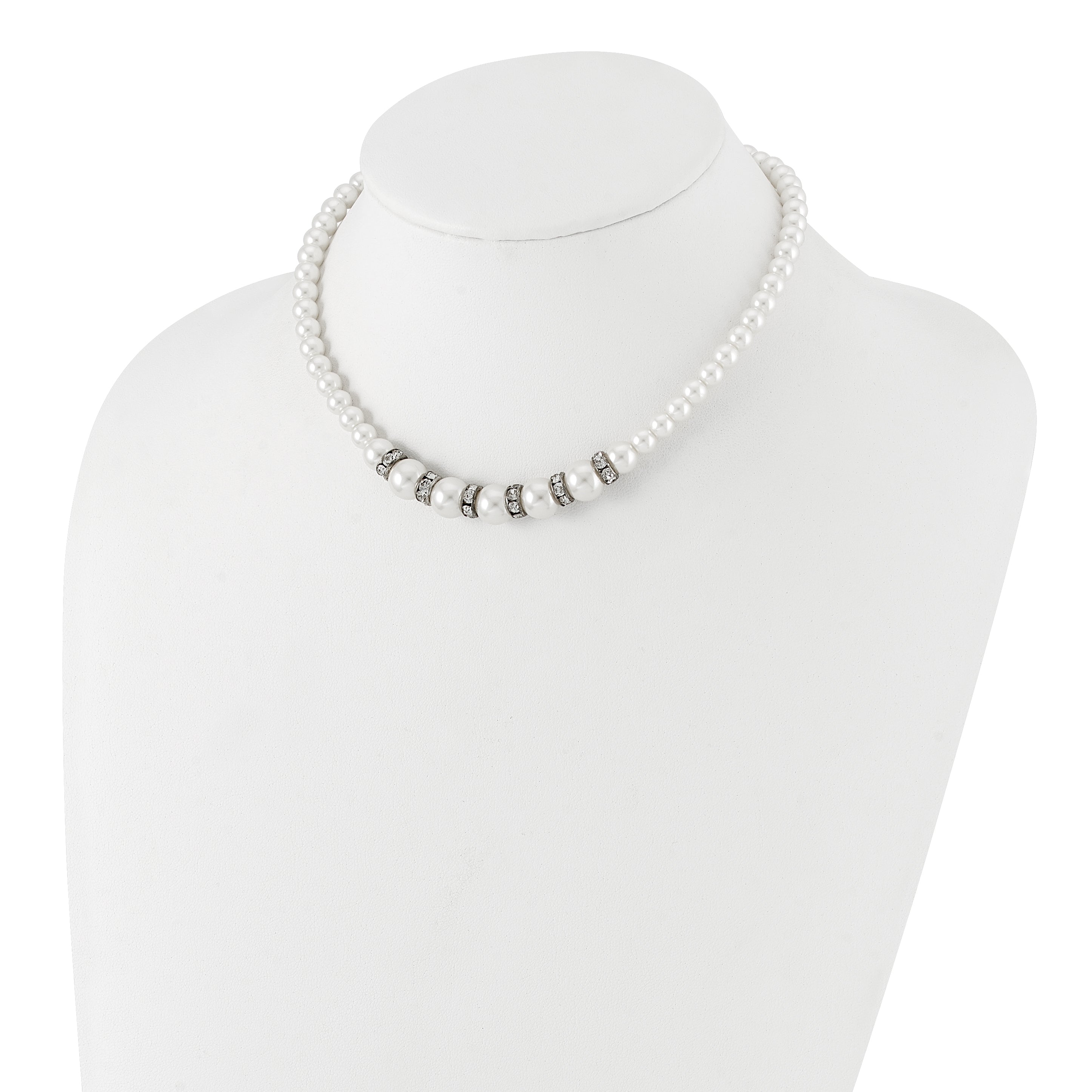 1928 Silver-Tone Clear Crystal And Simulated Pearl 15In W/ 3In Ext Necklace