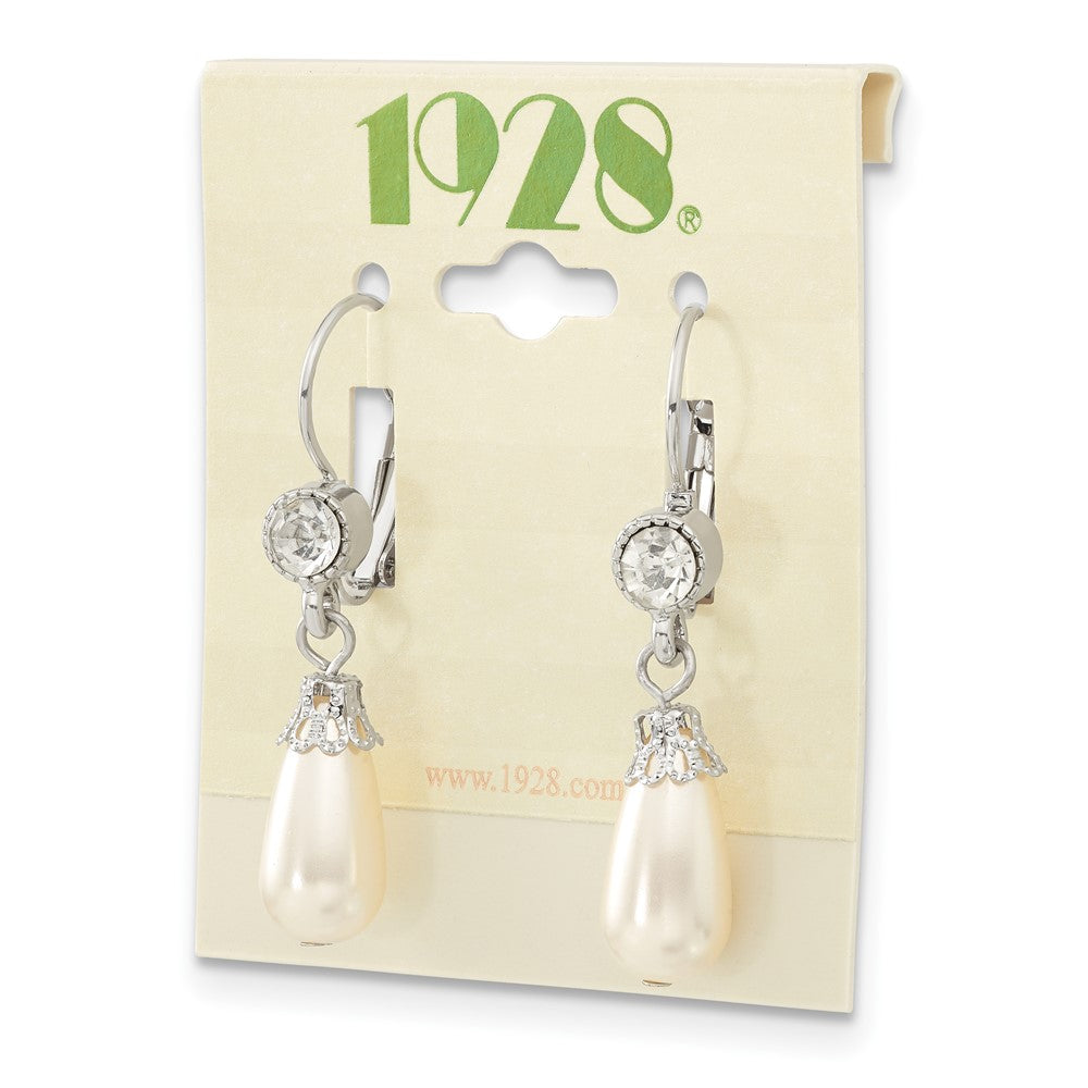 1928 Jewelry Silver-tone Clear Crystal Imitation Pearl Teardrop Dangle Leverback Earrings
