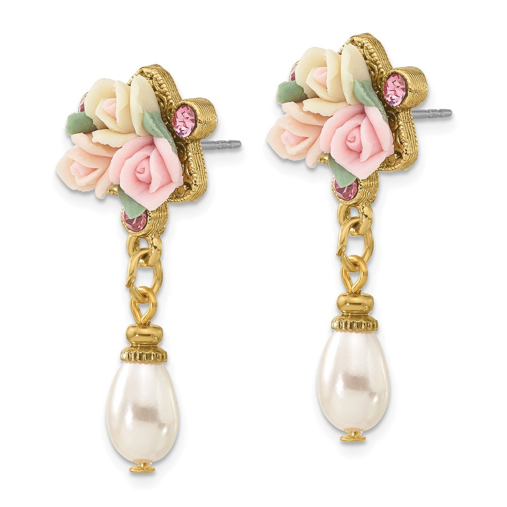 1928 Jewelry Gold-tone Pink Crystal Ivory Peach and Pink Porcelain Rose Flower Bouquet and Imitation Pearl Dangle Post Ear...