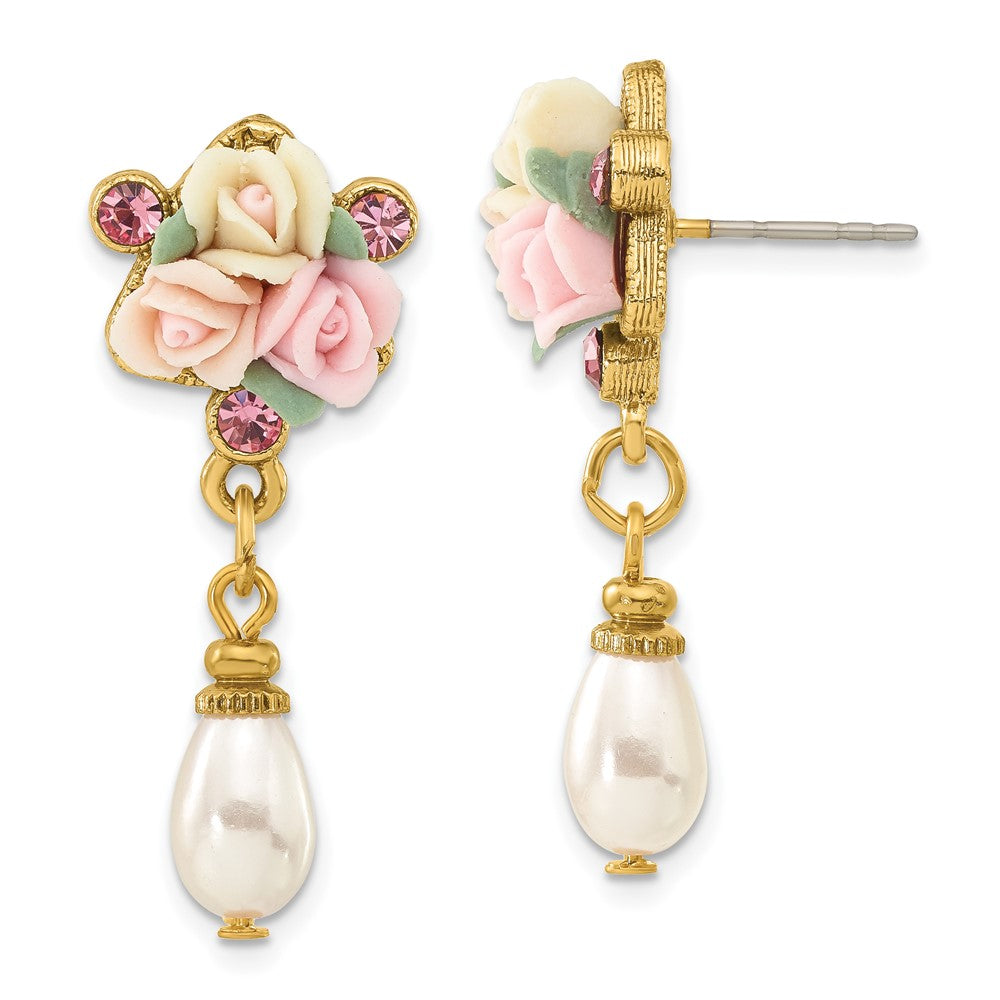 1928 Jewelry Gold-tone Pink Crystal Ivory Peach and Pink Porcelain Rose Flower Bouquet and Imitation Pearl Dangle Post Ear...