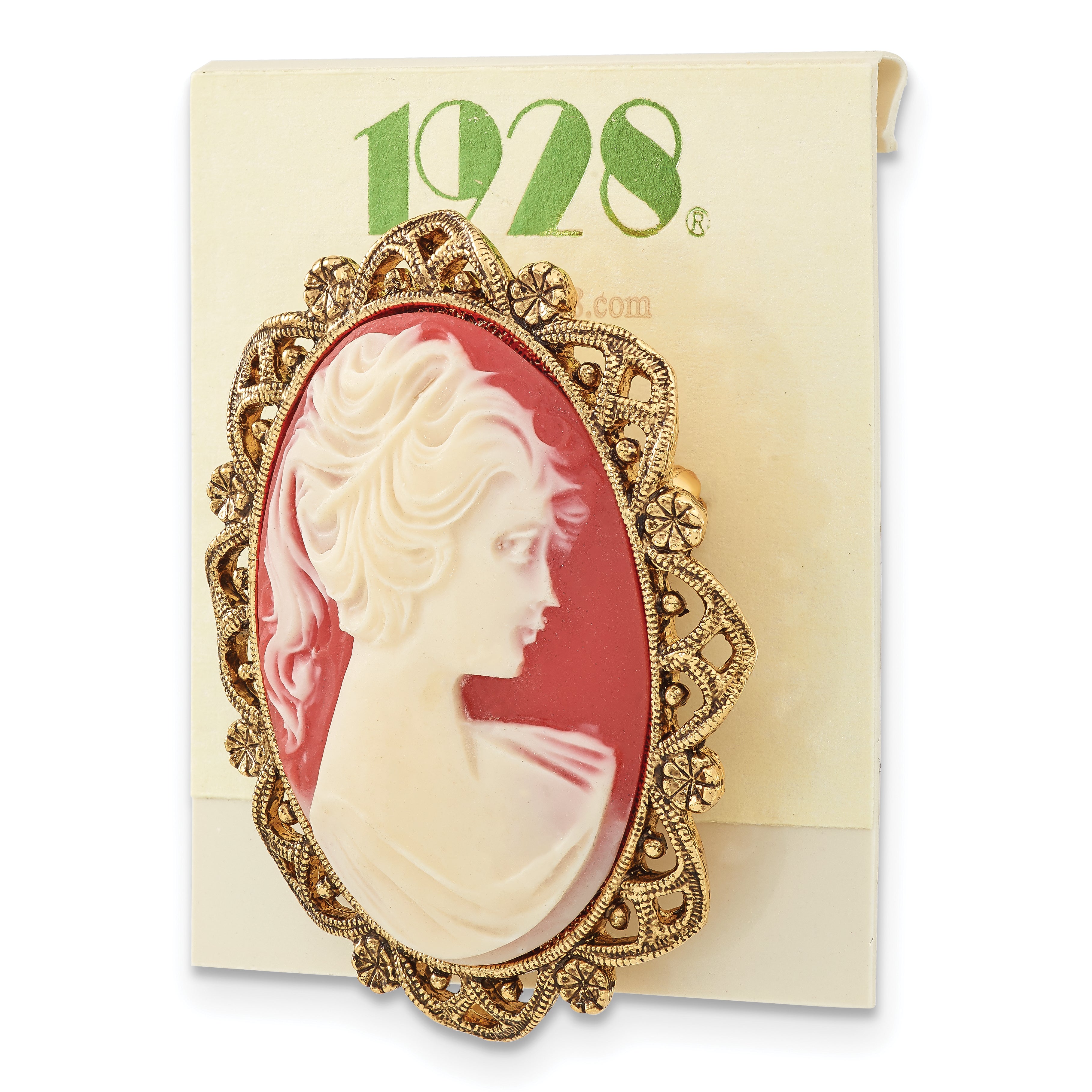 1928 Jewelry Gold-Tone Filigree Frame Ivory Colored Lady Acrylic Cameo Pin Brooch