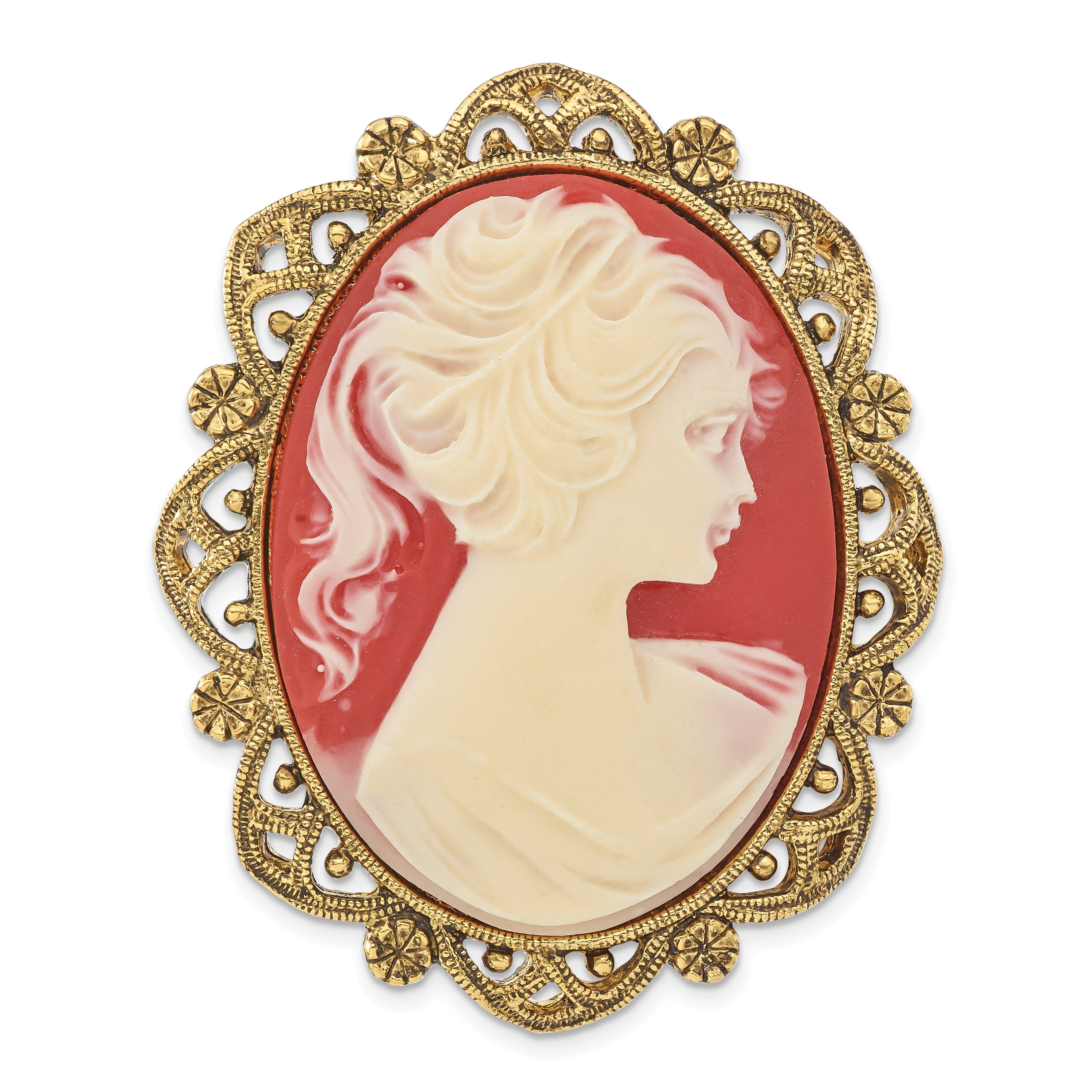 1928 Jewelry Gold-Tone Filigree Frame Ivory Colored Lady Acrylic Cameo Pin Brooch