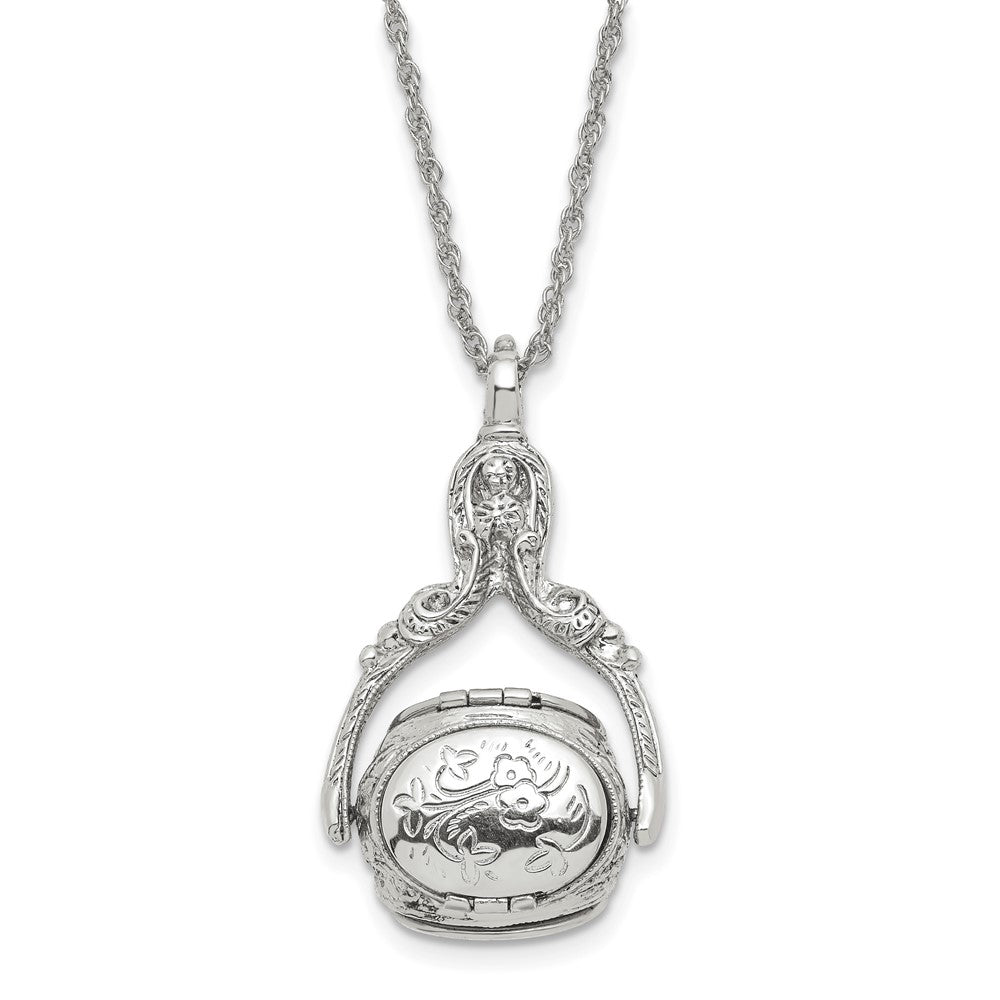 1928 Jewelry Silver-tone Three Sided Spinning Floral Pattern Oval 13mm Lockets 30 inch Necklace Holds 6 Photos