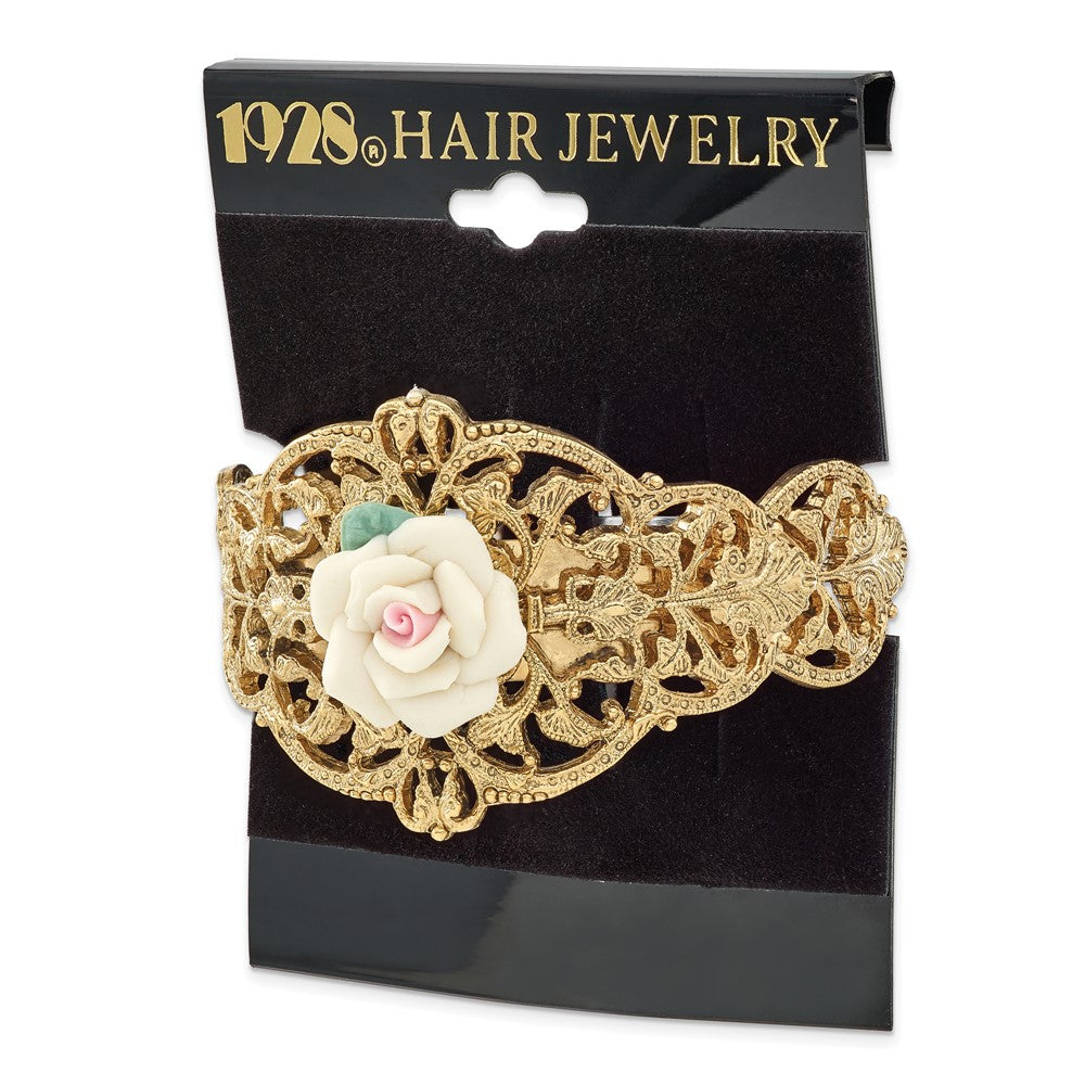 1928 Jewelry Gold-tone Filigree Ornate Porcelain Rose Ponytail Holder