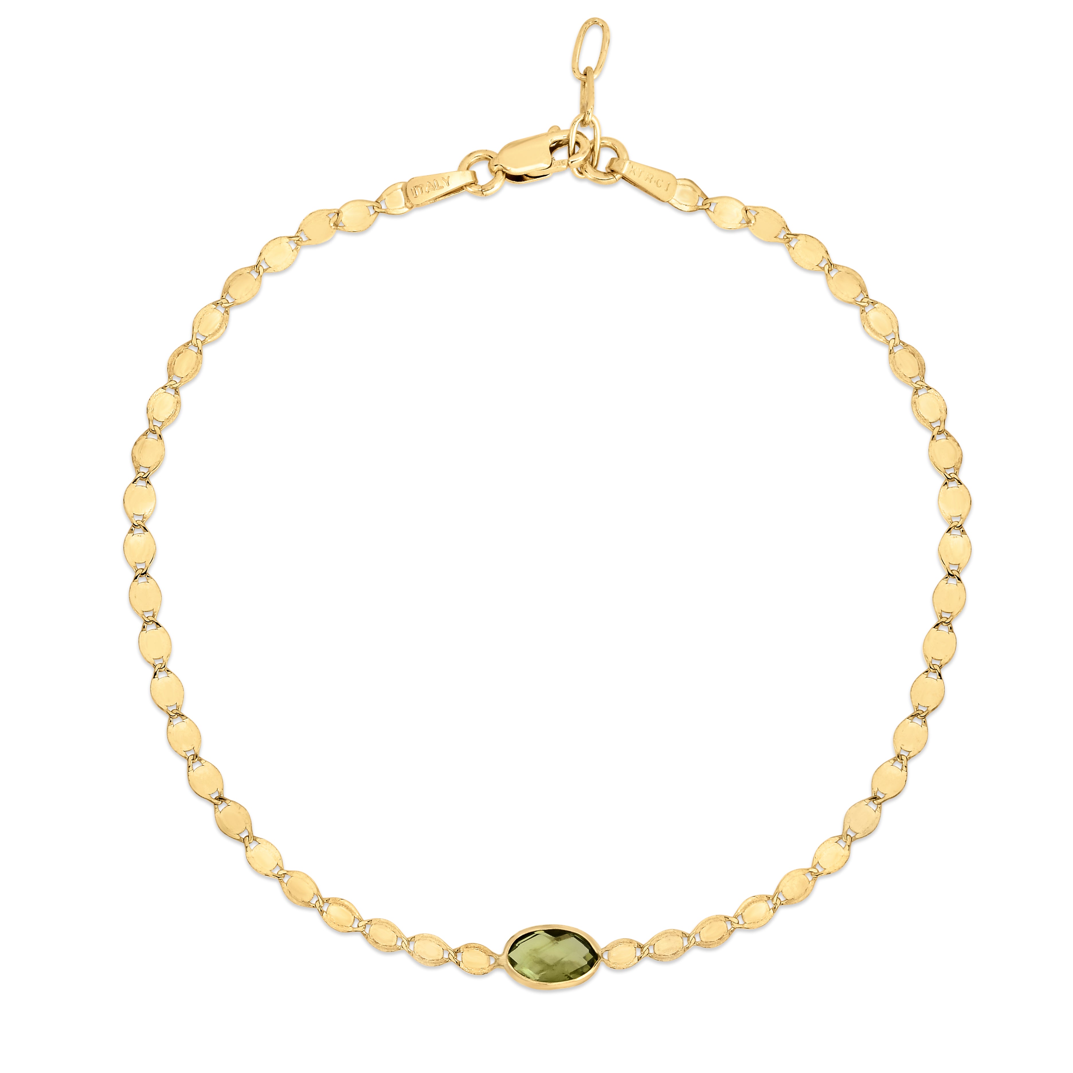 14K Yellow Gold 6x4 Oval Peridot 7.25" Mirrored Chain Bracelet with Lobster Clasp.