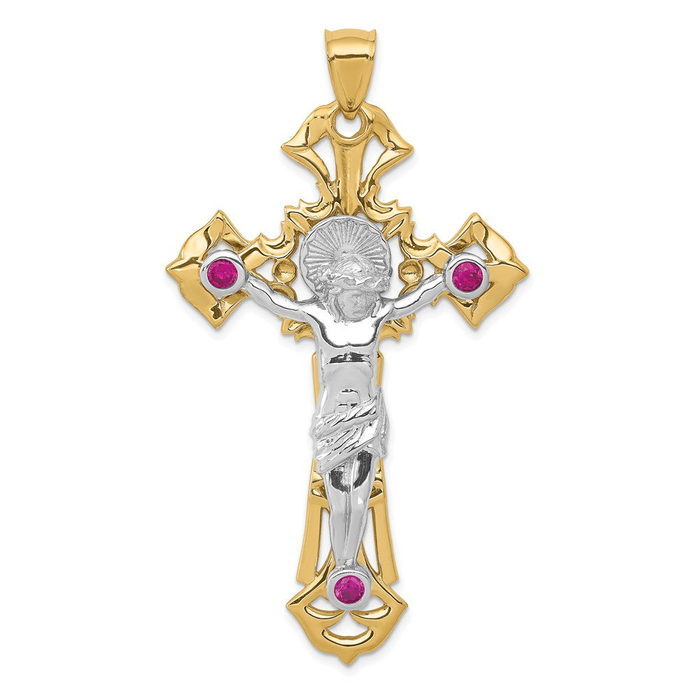 14k Two-tone Polished with Red CZs Crucifix Pendant
