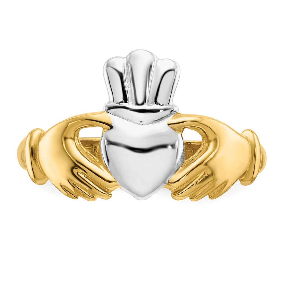 14k Polished and Rhodium Claddagh Ring