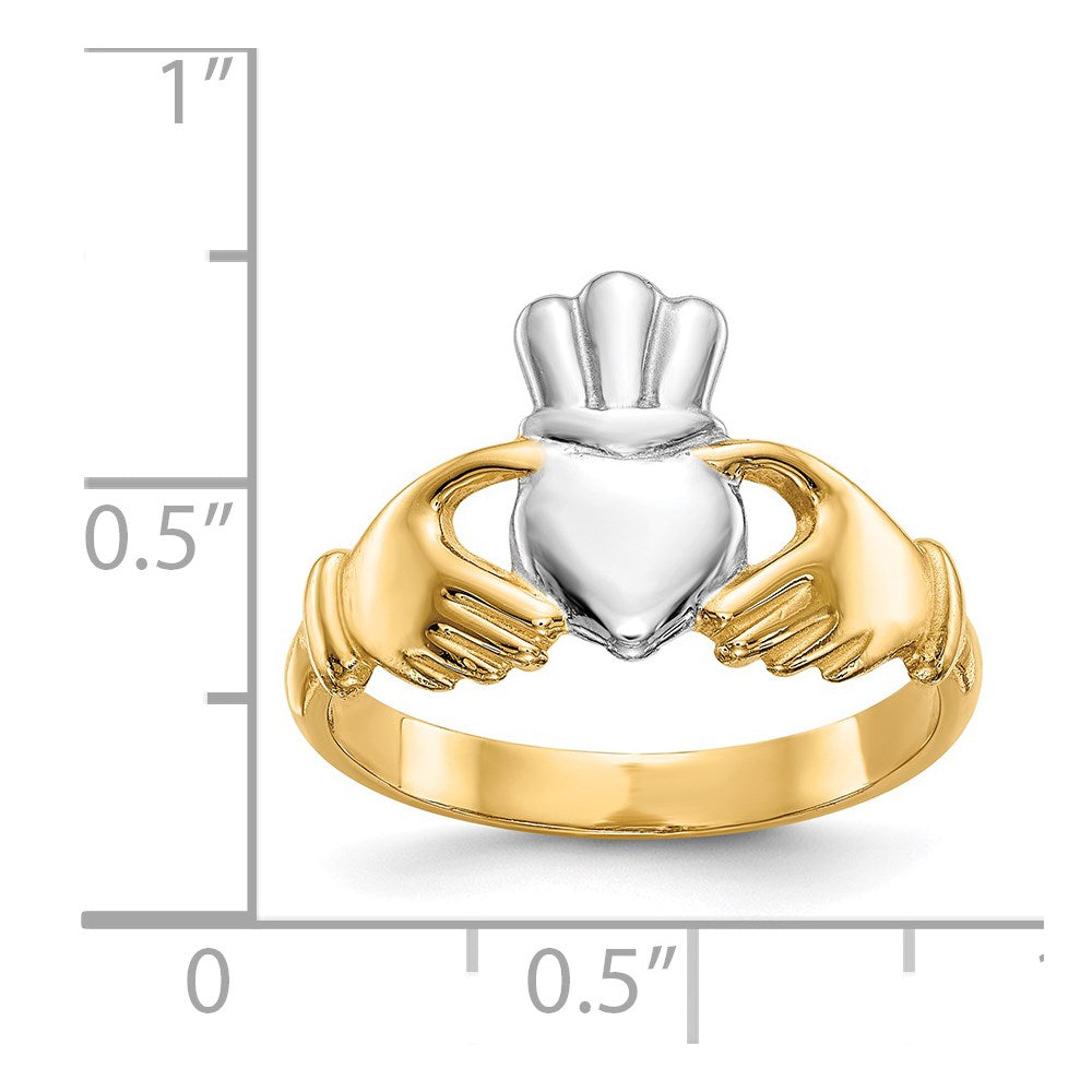 14k Polished and Rhodium Claddagh Ring