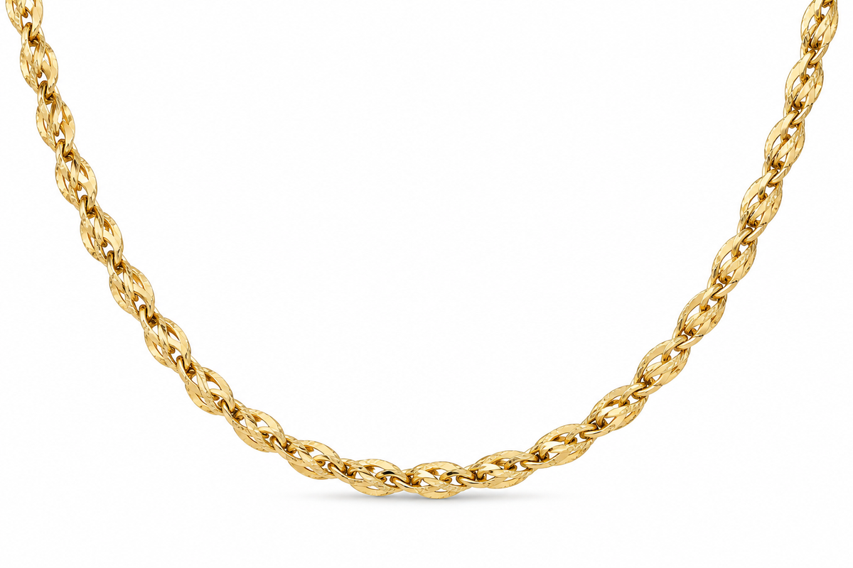 10KT Solid Yellow Gold Diamond Cut 4.5 MM Turkish Rope Link Chain