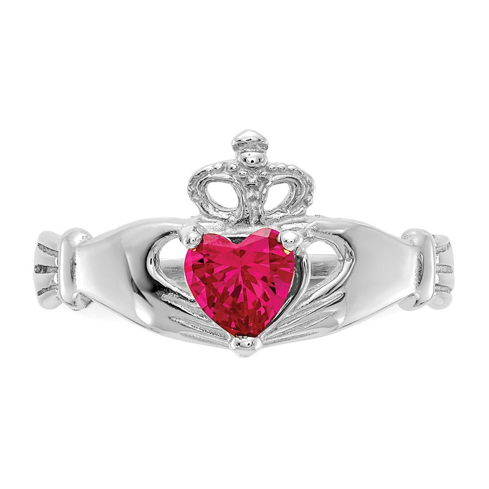 14k White Gold CZ July Birthstone Claddagh Heart Ring